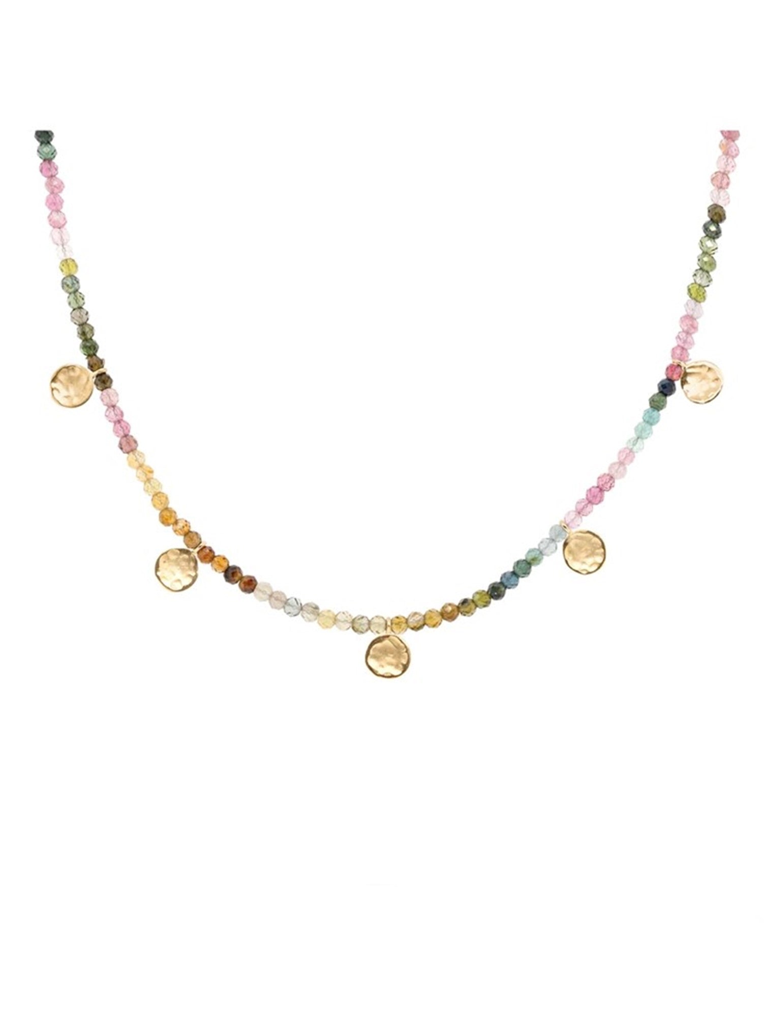 Image featuring Anne Sportun Mini Hammered Disc Station Necklace handmade with Watermelon Tourmaline and 18k gold hammered disks.