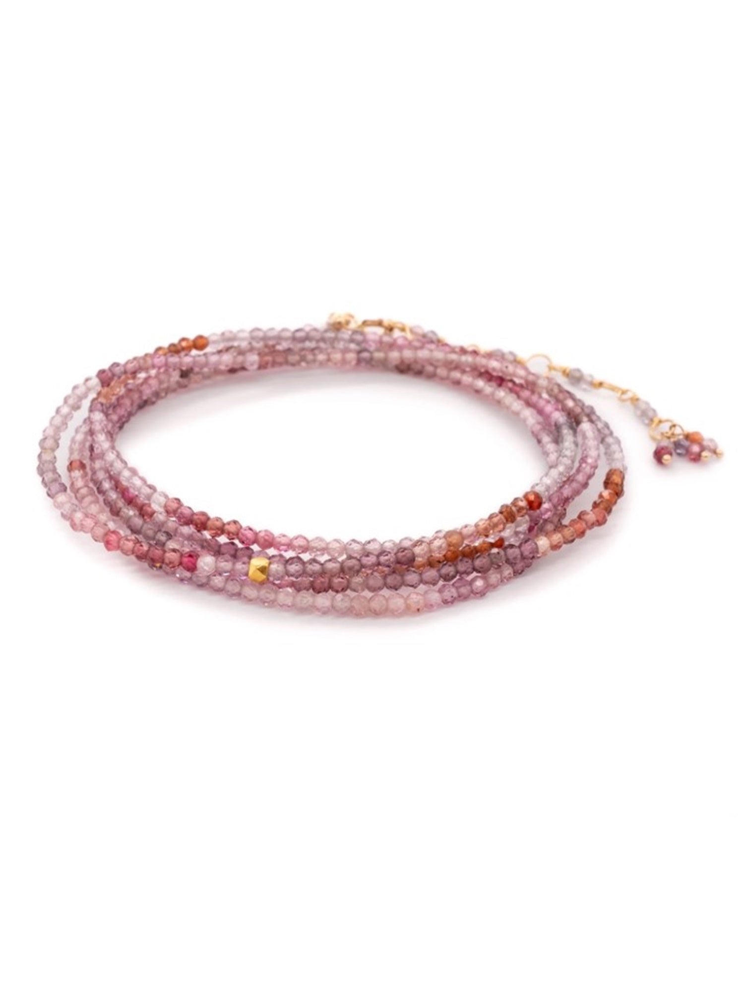 Image featuring a handmade multicolored spinel bracelet by Anne Sportun that can be worn as a bracelet or necklace with 18k yellow gold.