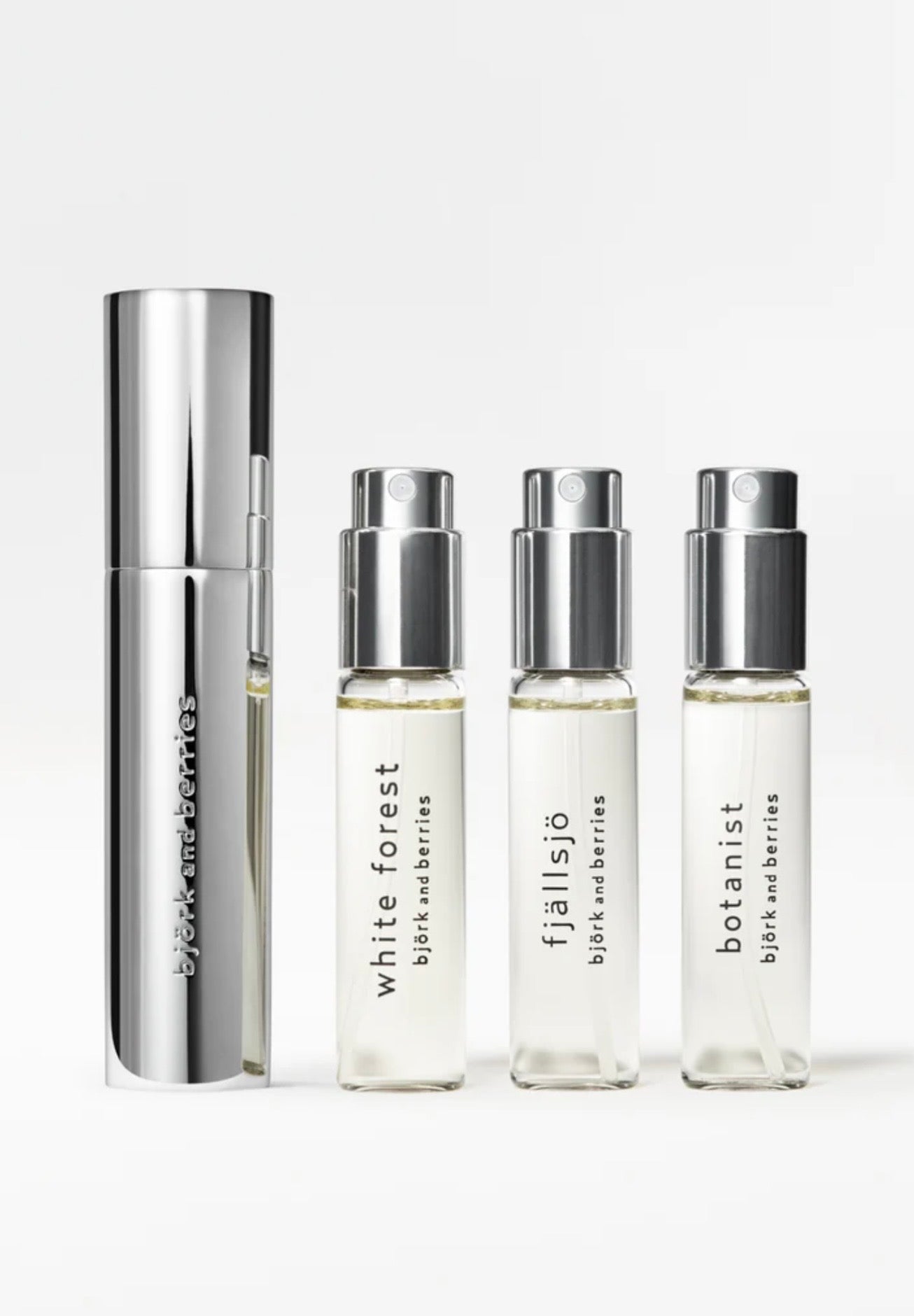 Image of the bjork and berries luxury Swedish eau de parfume trio travel set featuring white forest, fjallsjo and botanist personal fragrances and a sleek stainless steel carry case