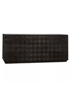 large solid mahogany wood sideboard with geometric patterns on sides drawer and door fronts painted solid black
