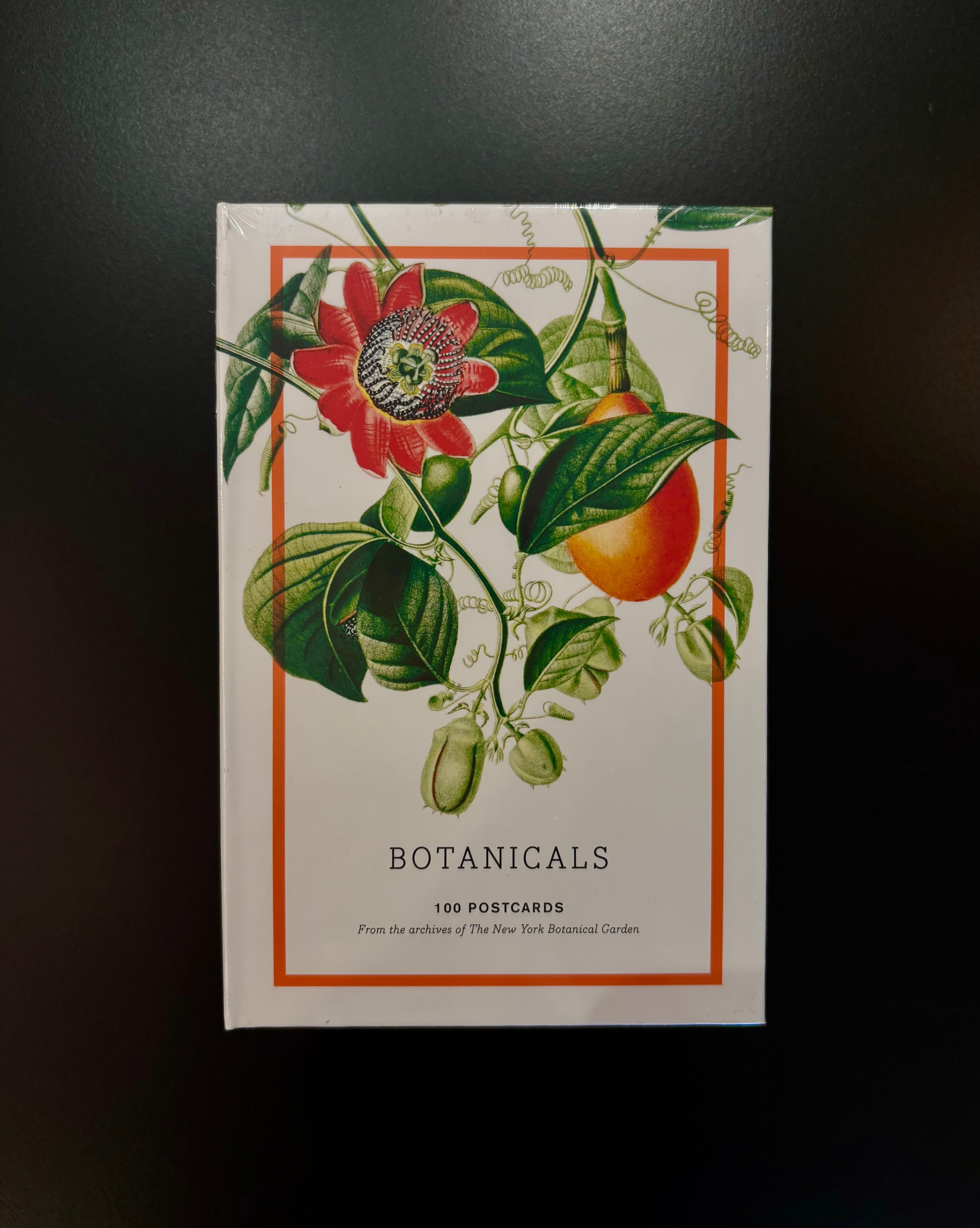 A boxed set of botanical postcards titled "BOTANICALS" with vintage-style illustrations of flowers, leaves, and fruit