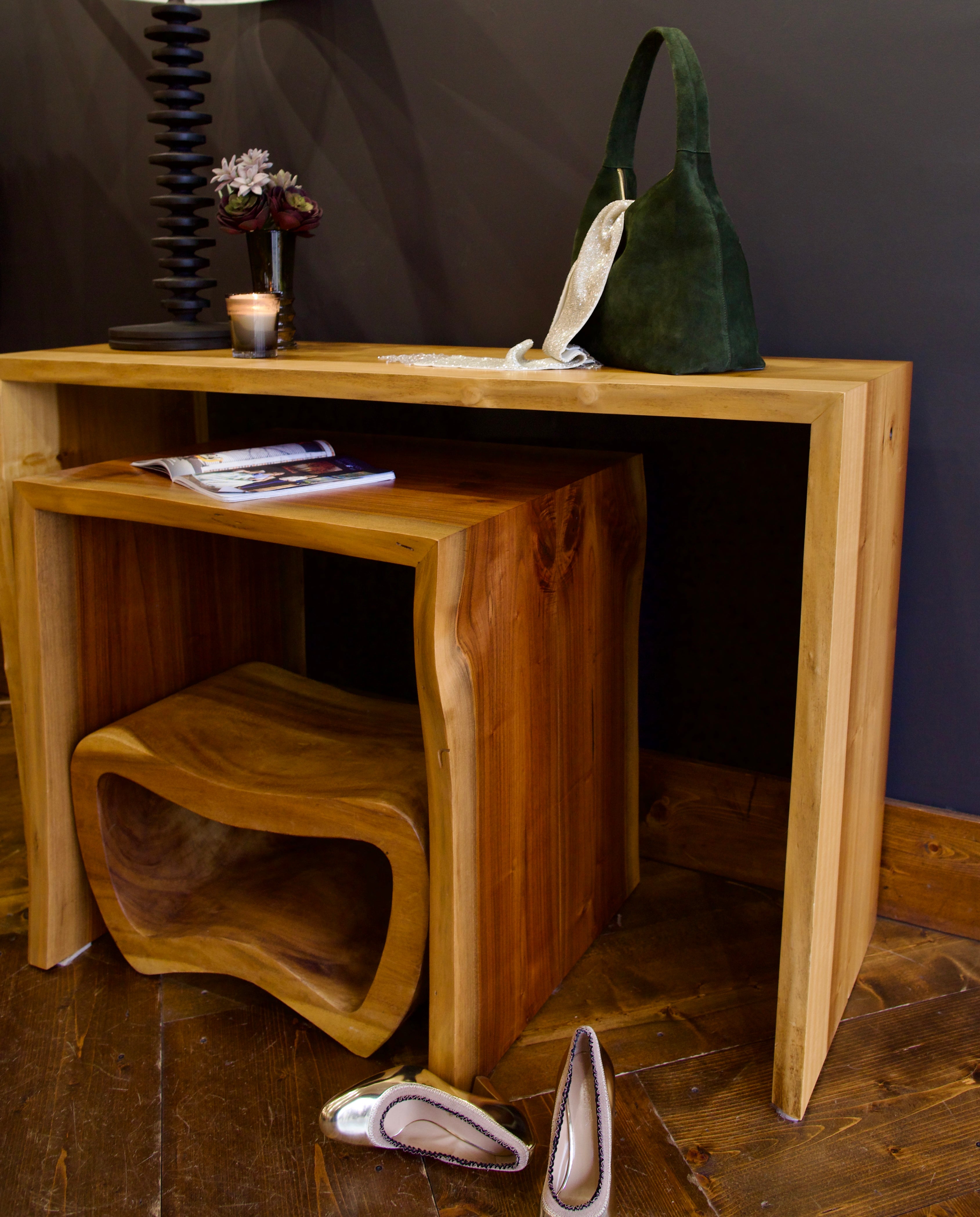 North Carolina handcrafted contemporary walnut waterfall wood table with a natural wood finish