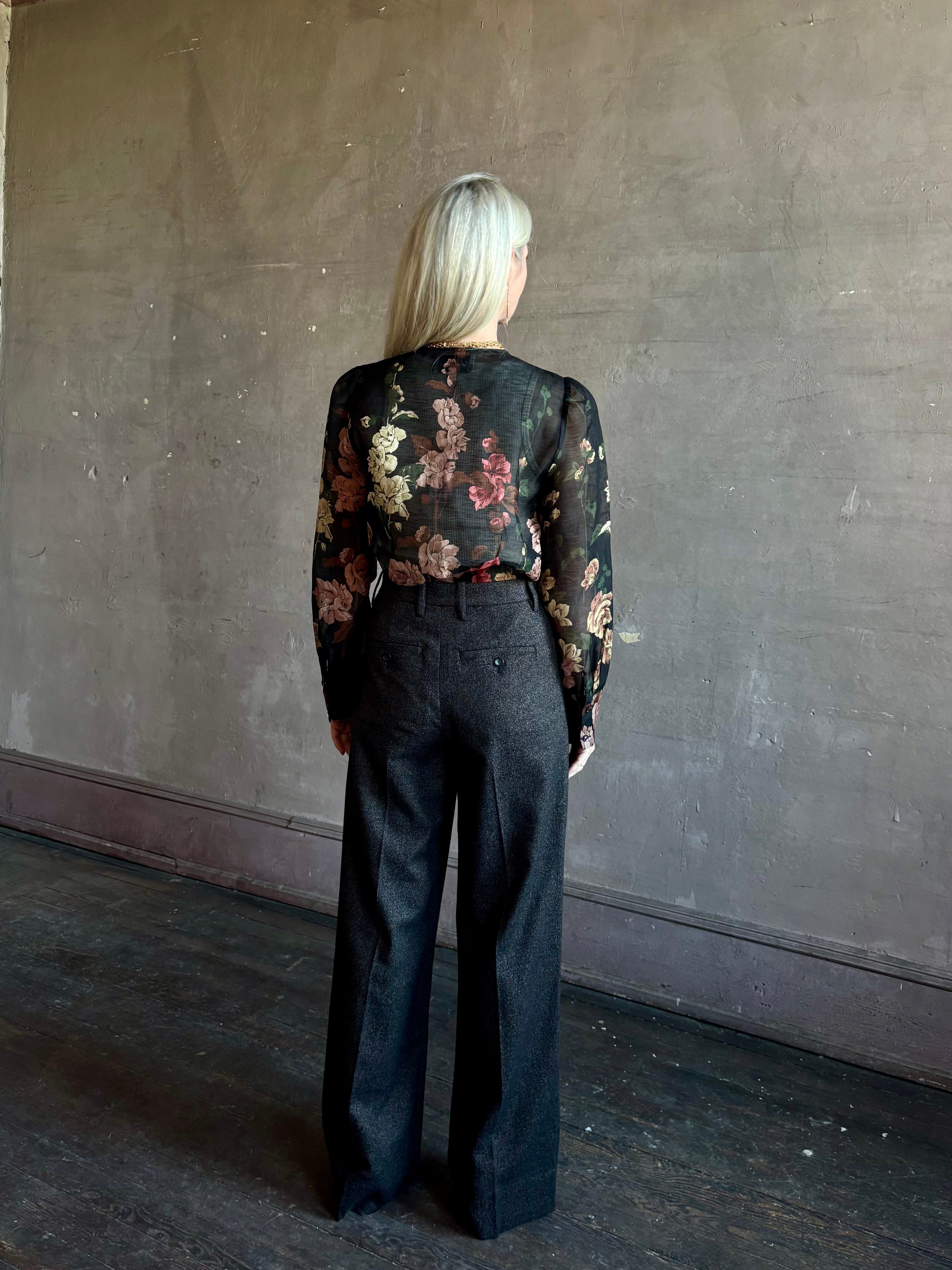 Mature woman wearing Cara Cara Chili Blouse in Meadows Black linen-silk  crystal buttons Romantic dressmaker-quality occasion ready