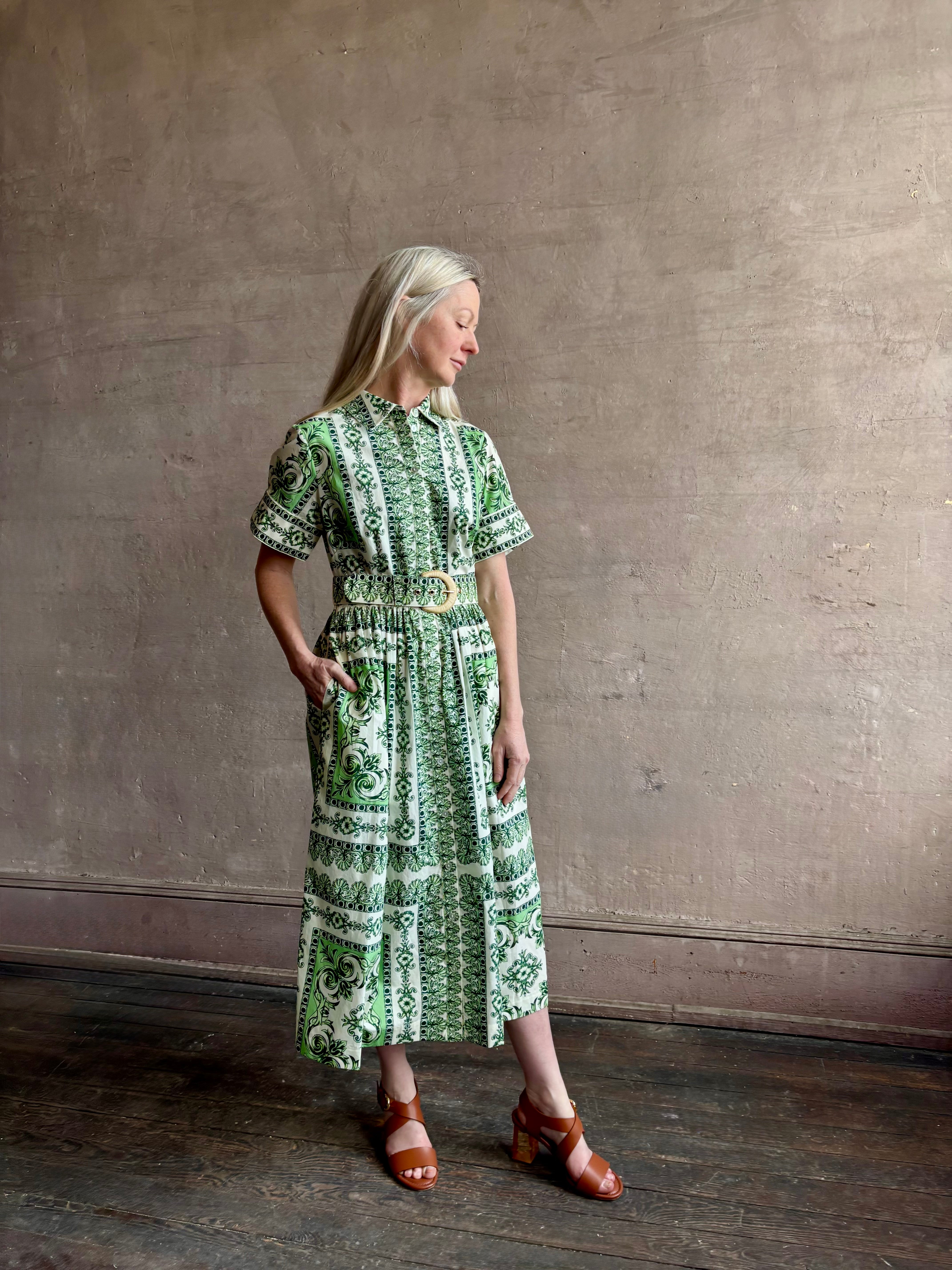 Woman wearing Cara Cara designer Malena cotton poplin shirt dress in a green Hudson Scarf Mint print with short sleeves ad belt