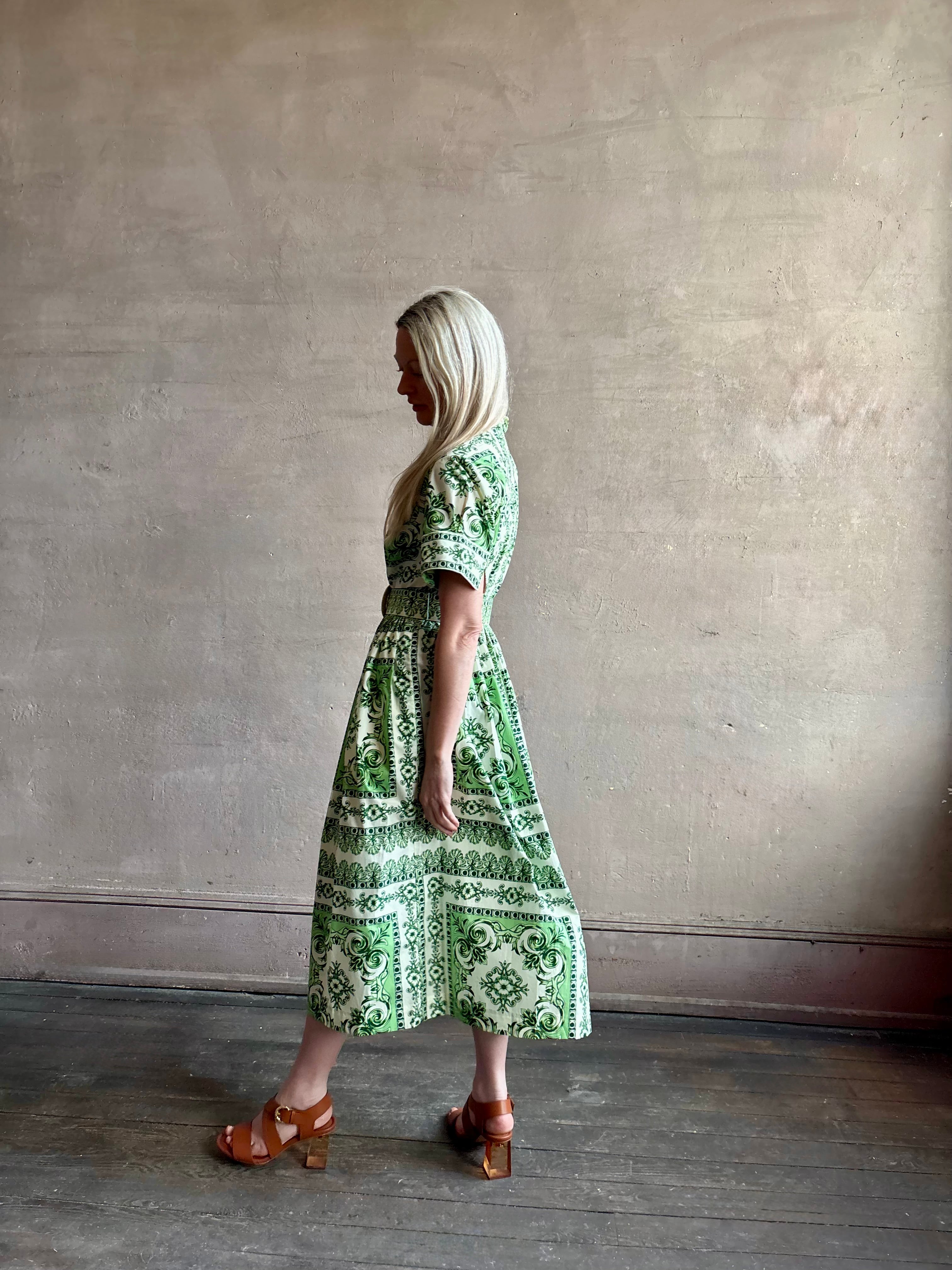 Woman wearing Cara Cara designer Malena cotton poplin shirt dress in a green Hudson Scarf Mint print with short sleeves ad belt