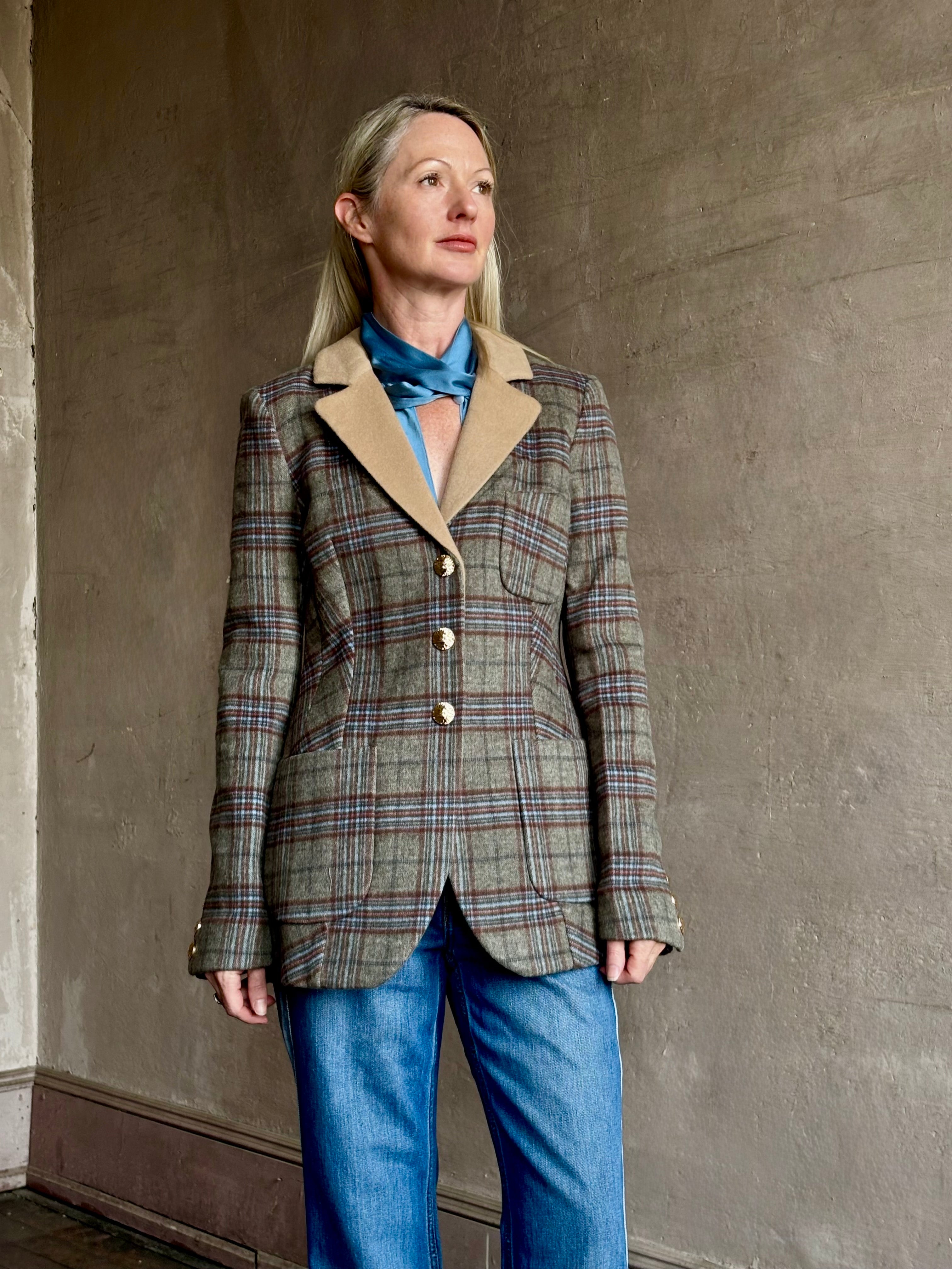 Image of woman wearing the Cara Cara Ross classic tailored Ross blazer with nipped waist construction and heritage allen plaid