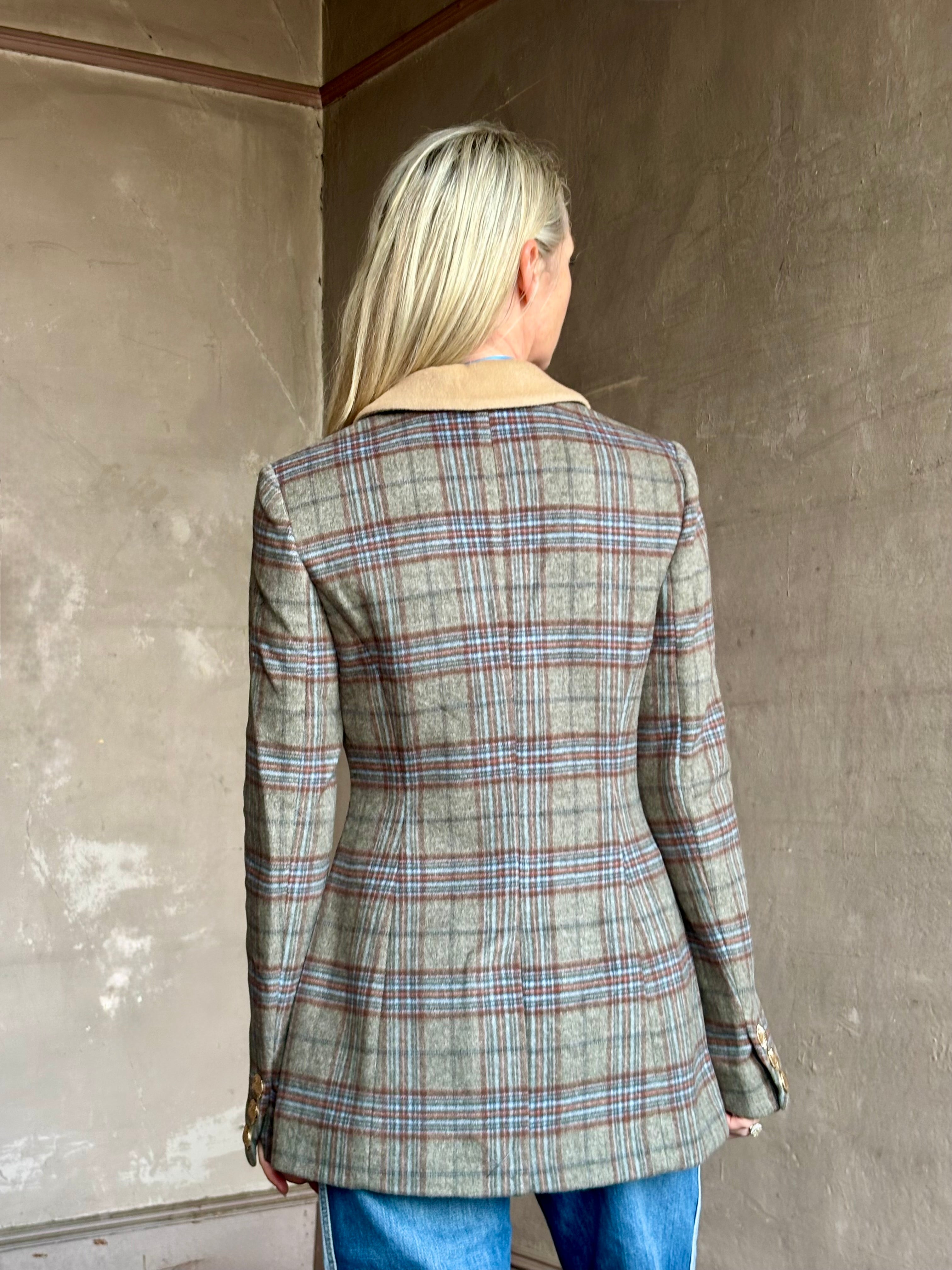 Image of woman wearing the Cara Cara Ross classic tailored Ross blazer with nipped waist construction and heritage allen plaid