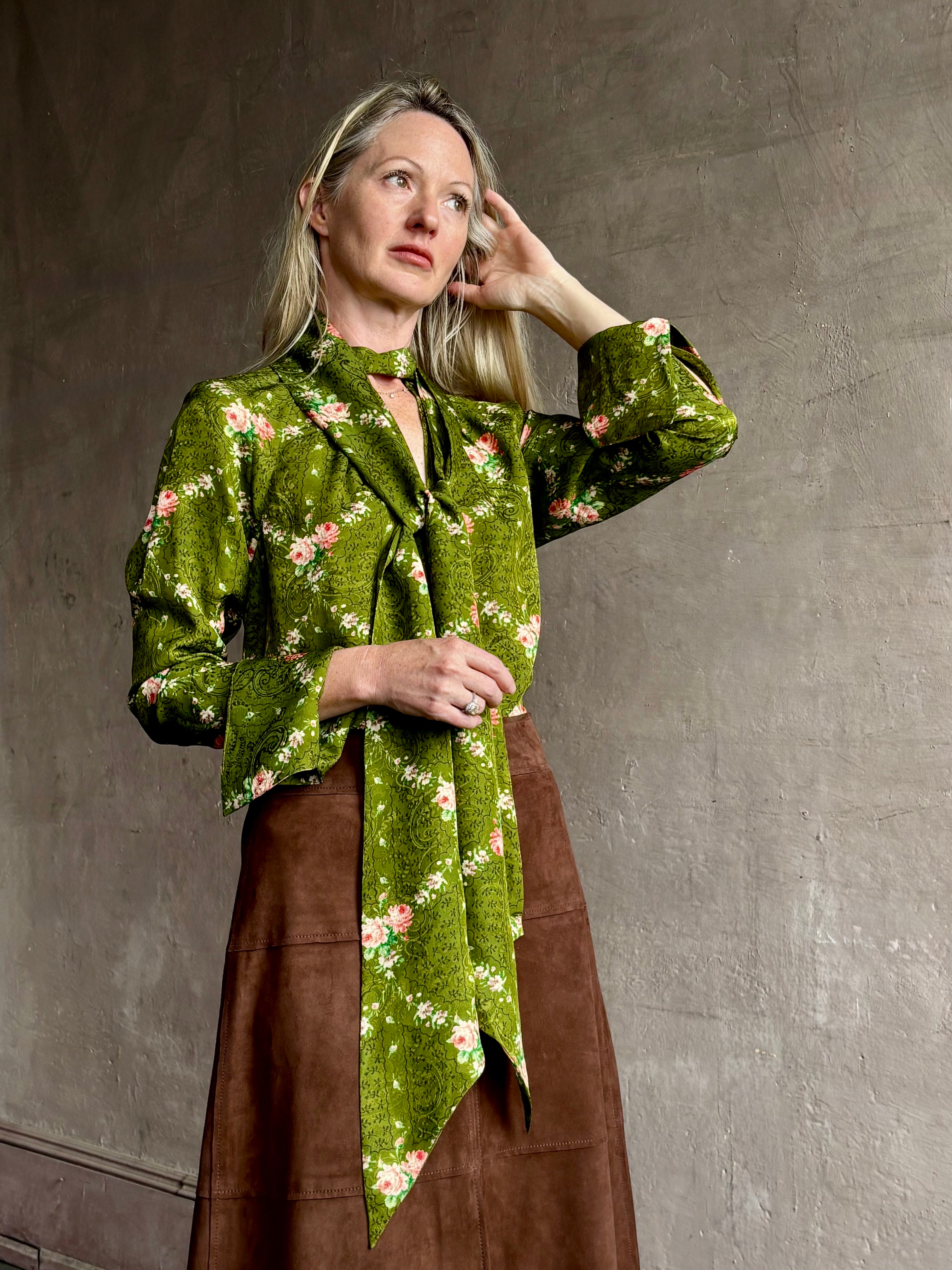 Image of woman wearing Cara Cara Sundance top in premium silk-viscose with keyhole neckline long sleeves and attached scarf