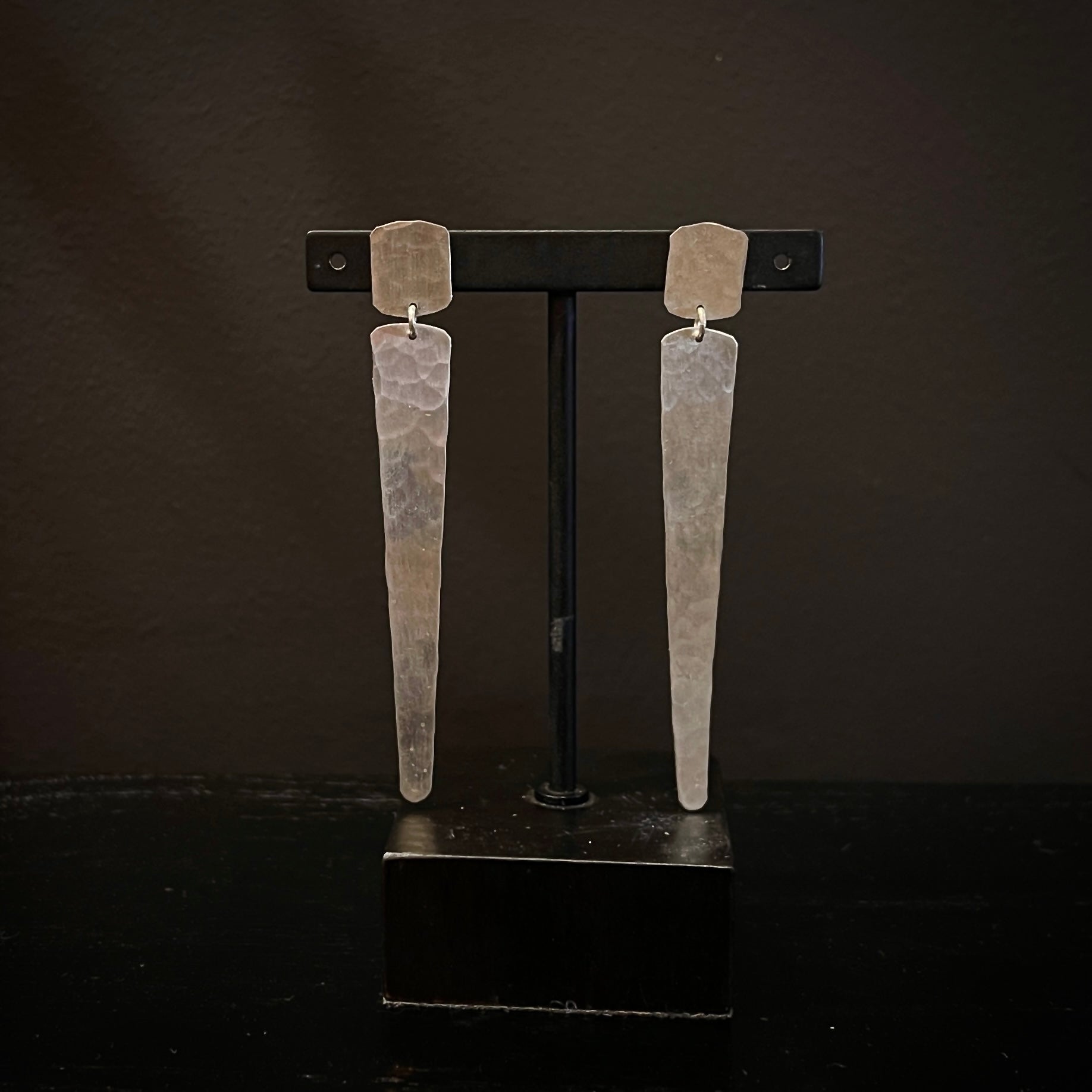 hammered Sterling silver square post earrings with matching finish dangling wedge artisan handcrafted in USA