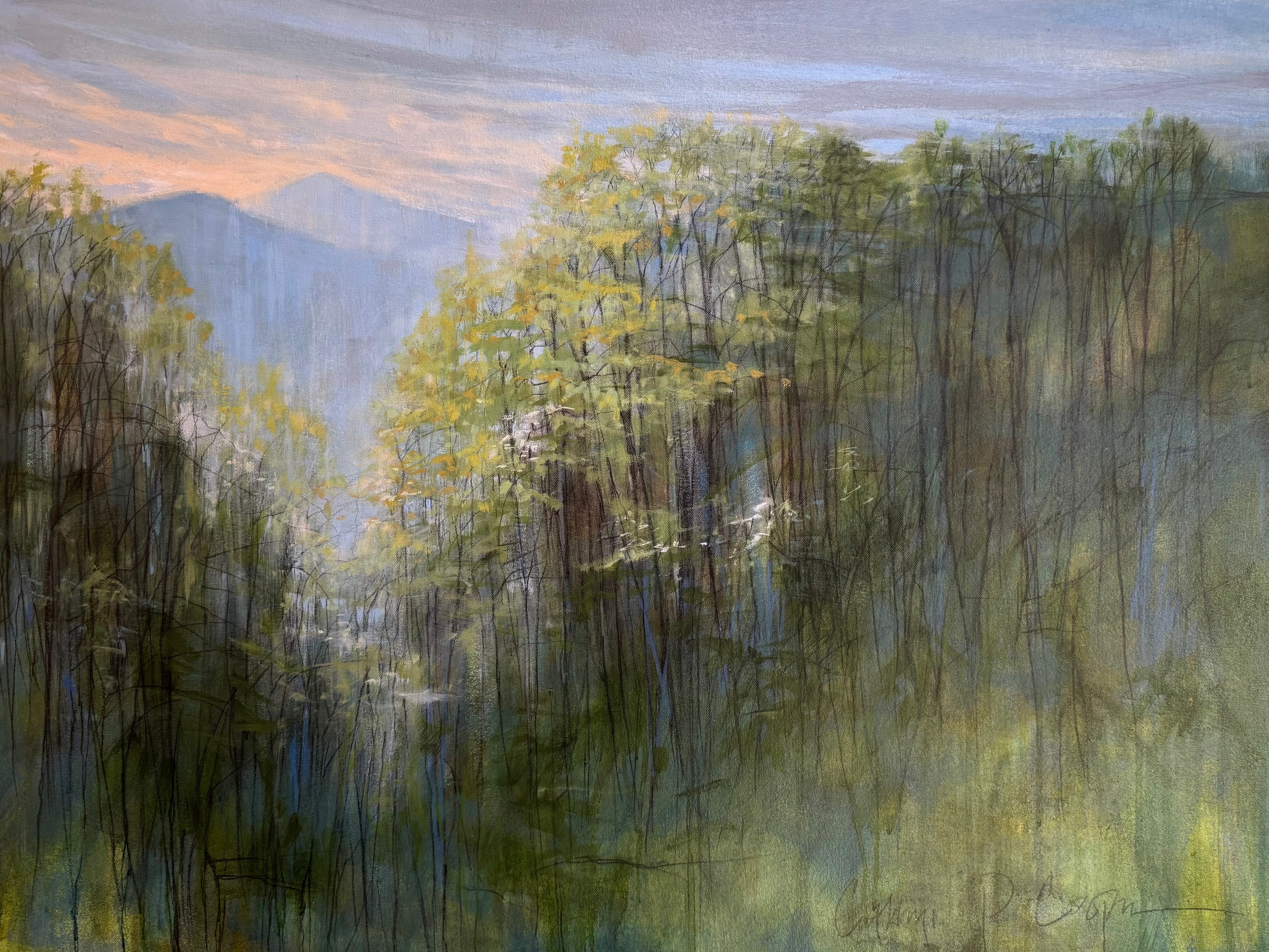 Image of North Carolina artist CATHRYN COOPER Earthshine of the tree line at top of a mountain ridge in summer with distant mountain range and sunset beyond