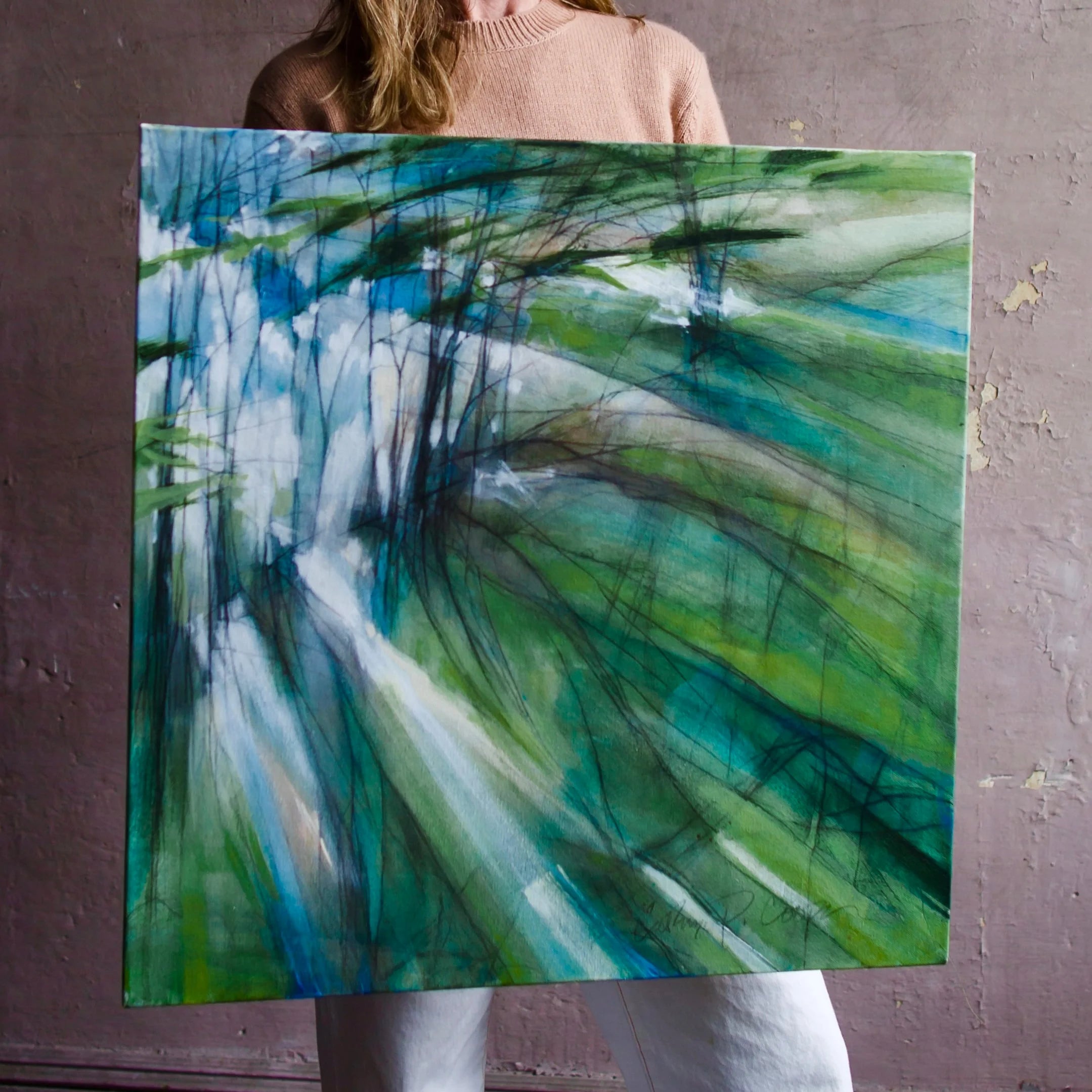 Image of original acrylic and graphite abstract painting by North Carolina fine art painter Cathryn Cooper trees