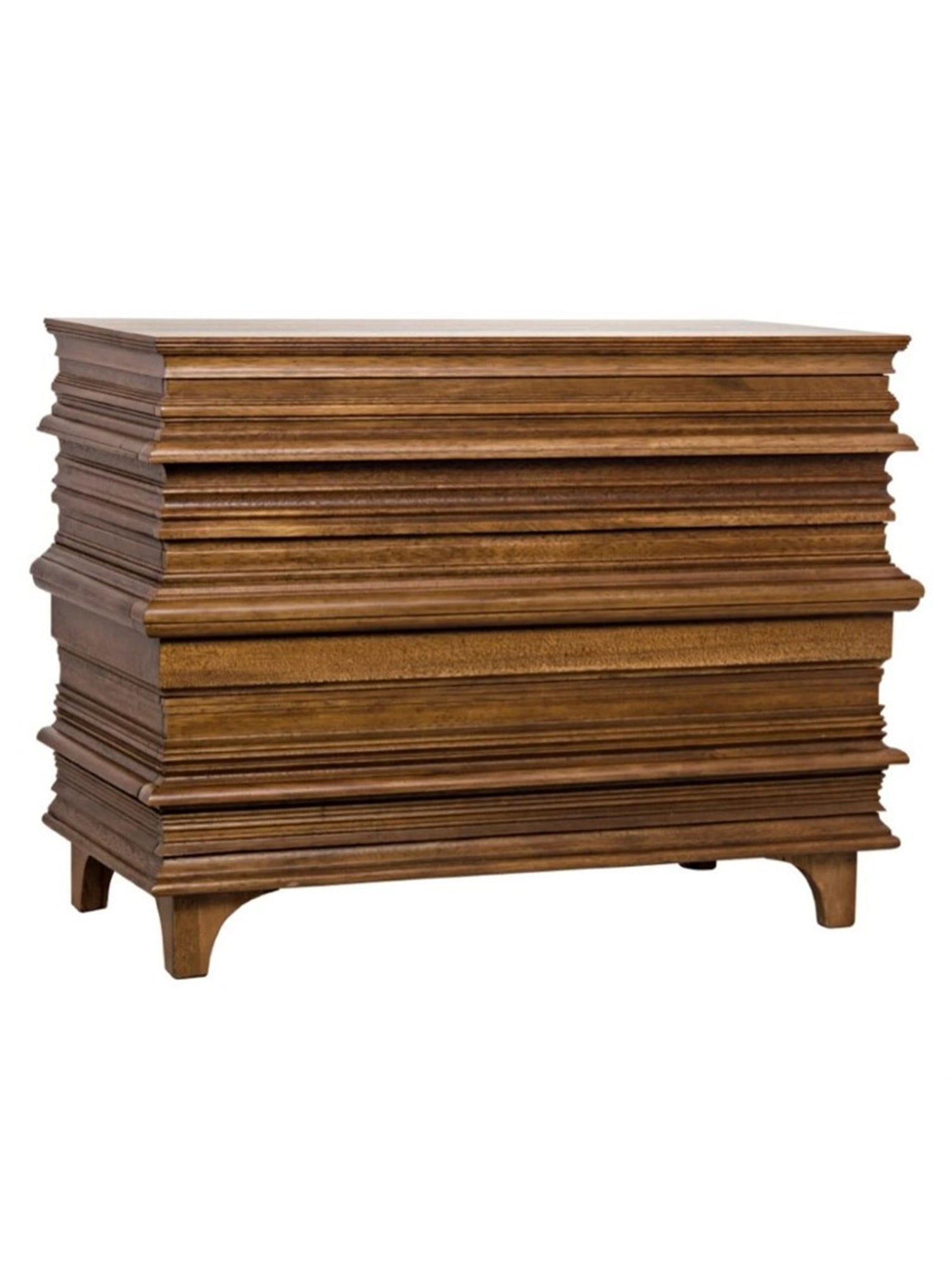 Image of contoured, solid walnut wood dresser with a dark walnut finish, featuring a stack of books-like design with three concealed drawers.