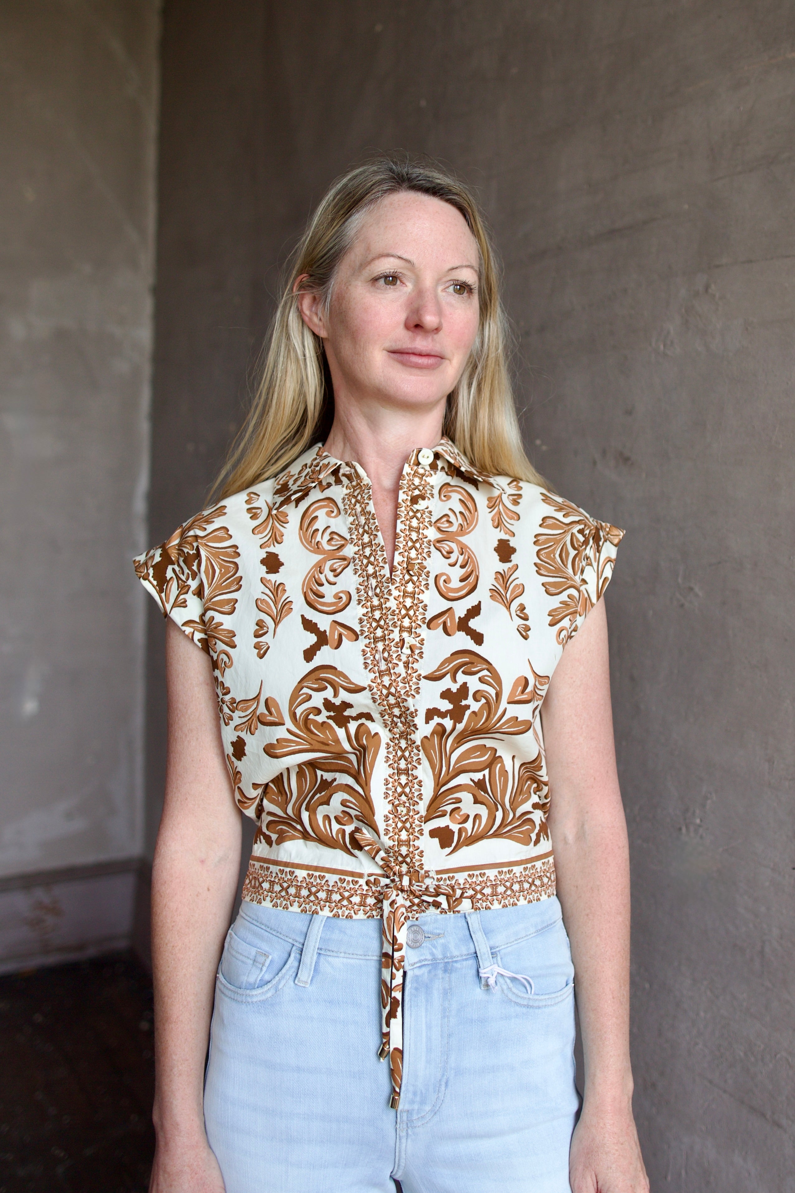 Image of a woman wearing the Cara Cara Octavia Top