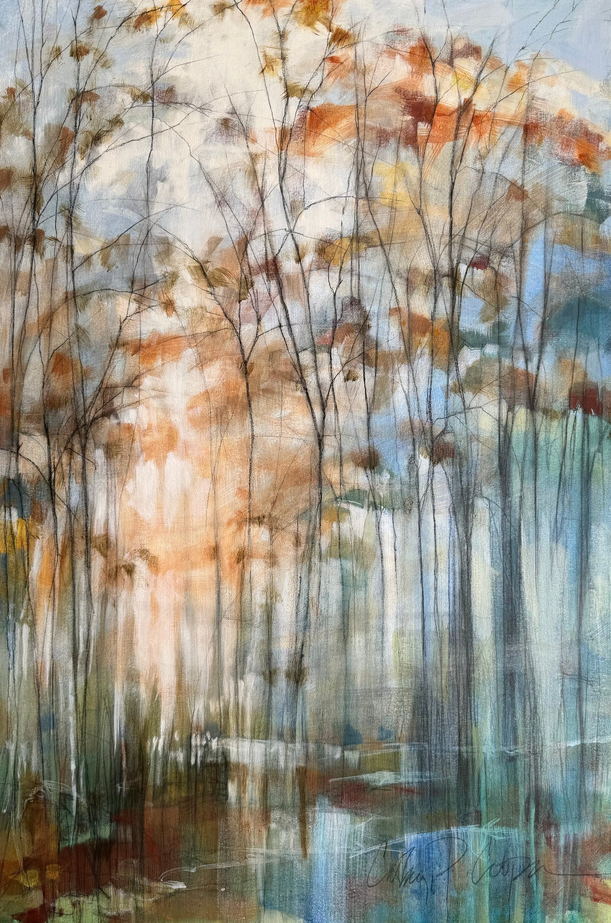 Image featuring original acrylic and graphite painting by North Carolina artist Cathryn Cooper "Autumn at the Lake"