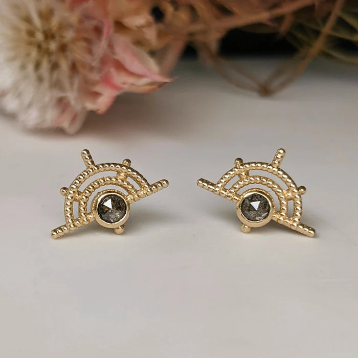 Image of fine jewelry designer STEPHANIE ELLIS Deco Sunrise Studs  in 14K Yellow Gold with Salt and Pepper diamonds