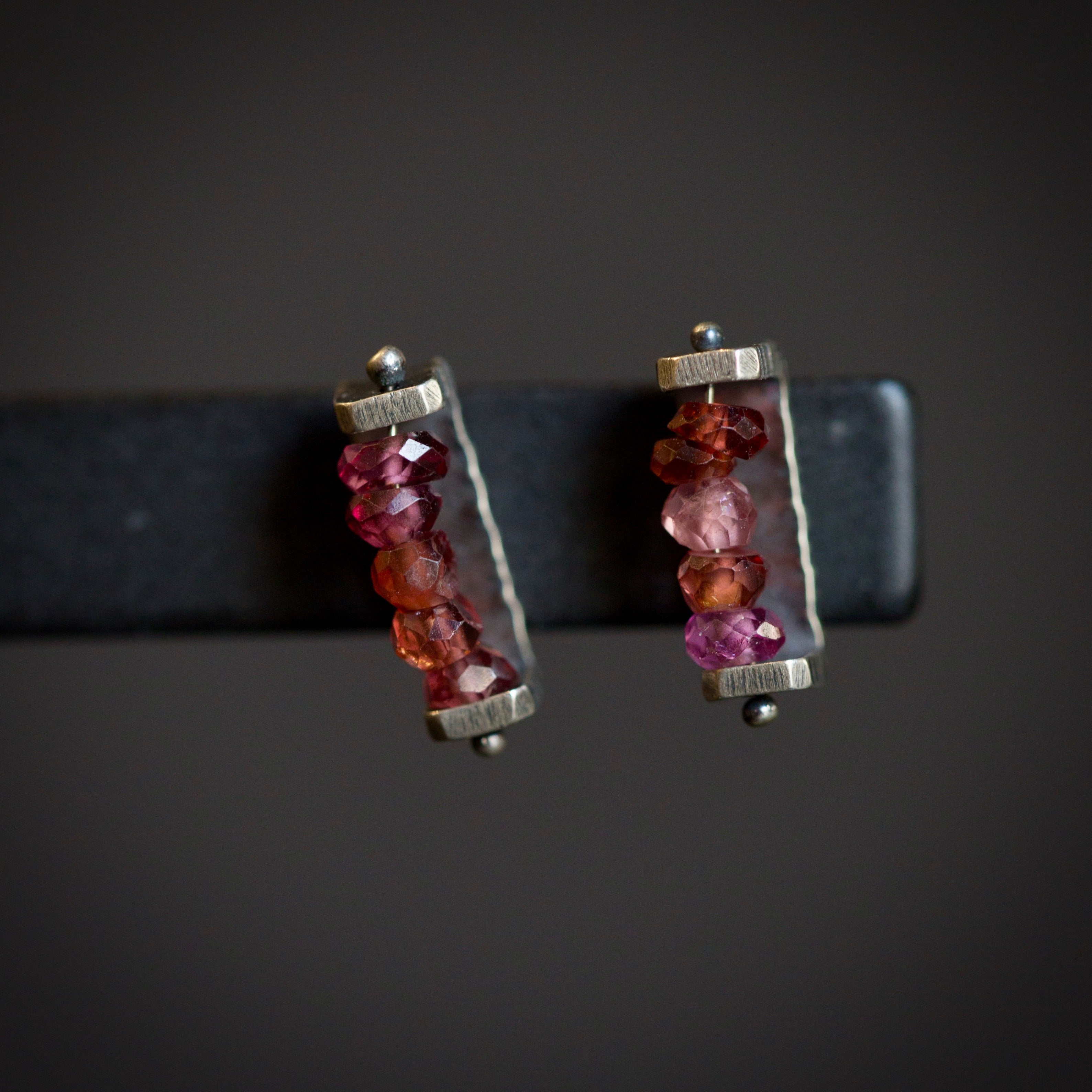 Image of sterling silver and Garnet linear Stud Earrings from fine jewelry artist Erica Bailey hand crafted in USA