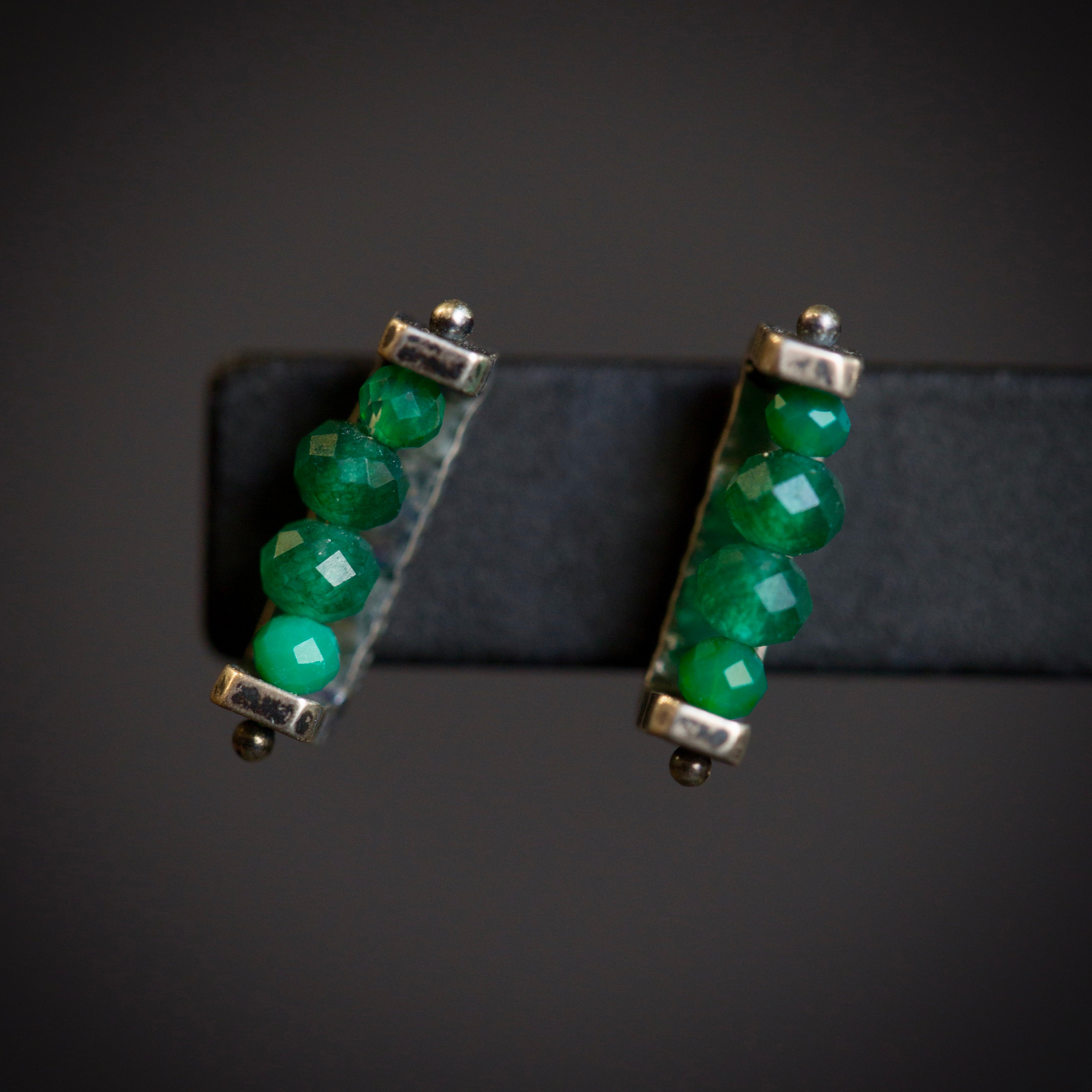 Image of sterling silver and green onyx linear Stud Earrings from fine jewelry artist Erica Bailey hand crafted in USA