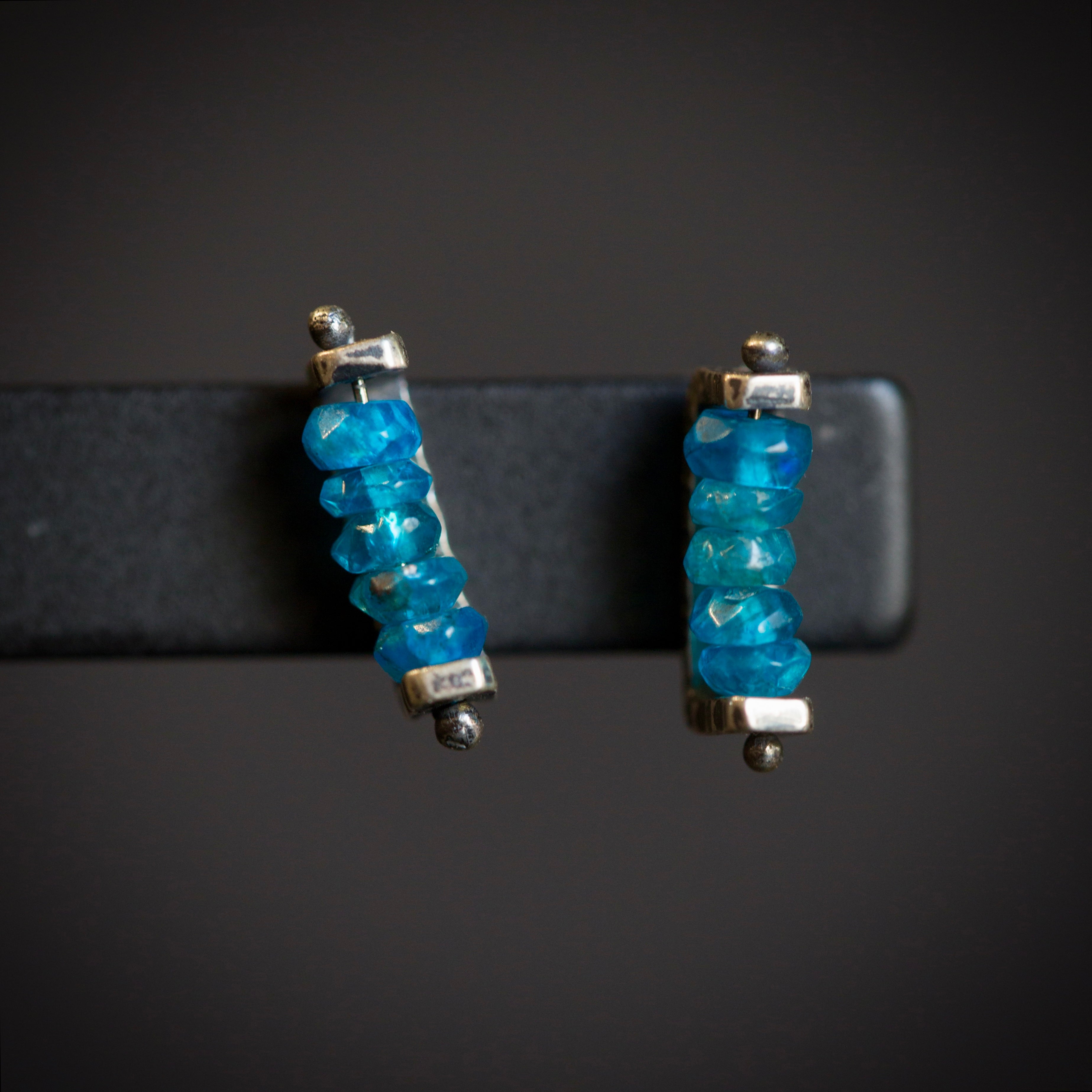 Image of sterling silver and Teal Apatite linear Stud Earrings from fine jewelry artist Erica Bailey hand crafted in USA