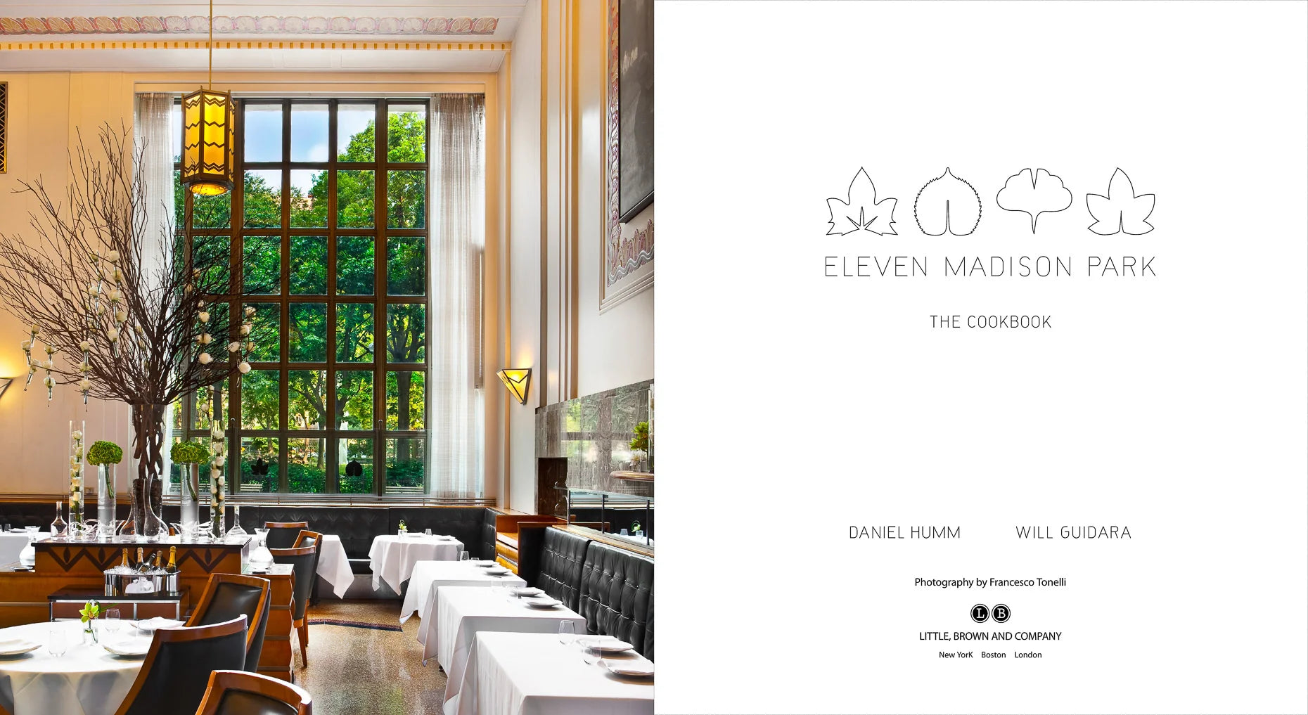 Image showing the interior of Eleven Madison Park restaurant on the left and the front cover of 'The Cookbook' 