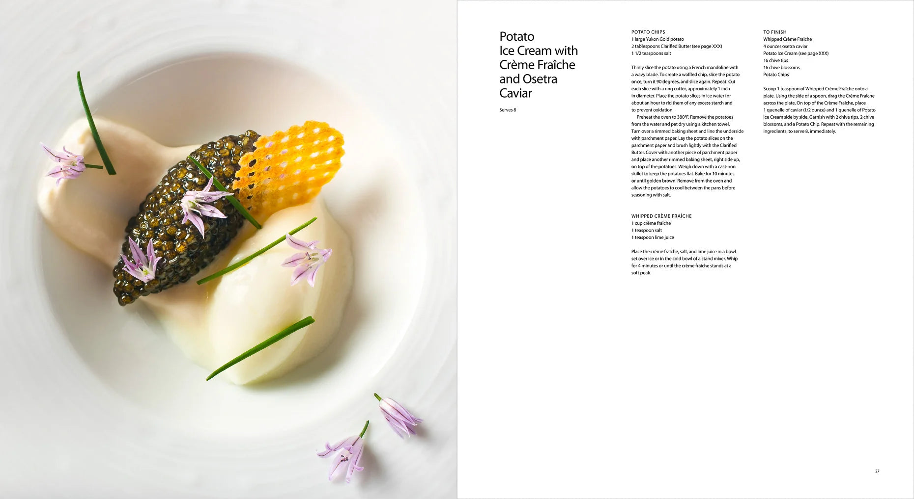 Gourmet dessert with caviar and flowers on a white plate, accompanied by recipe on right from Eleven Madison Park
