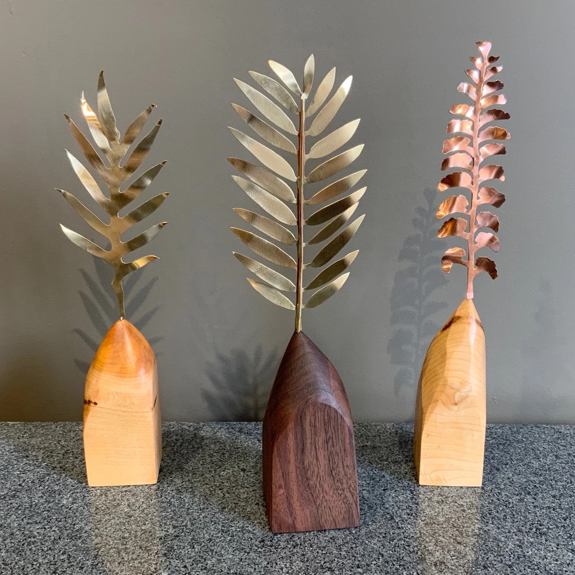 Fern Forest Sculpture with delicate metal fern fronds mounted on solid wood base handcrafted in USA