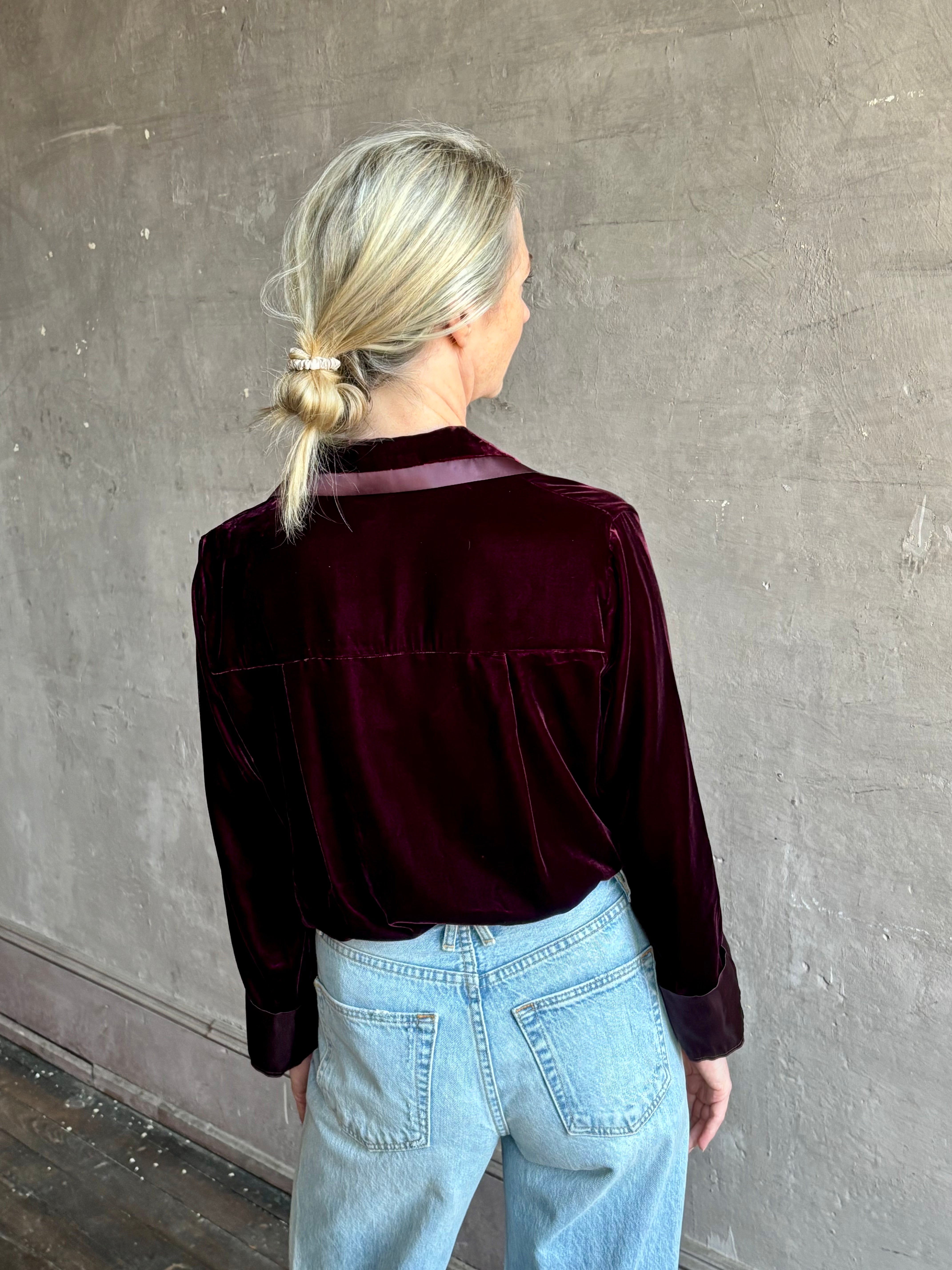 Image of mature woman wearing luxury Italian designer FORTE FORTE Velvet Button-Down Shirt in Bordeaux with Pajama-Inspired Boho Blouse