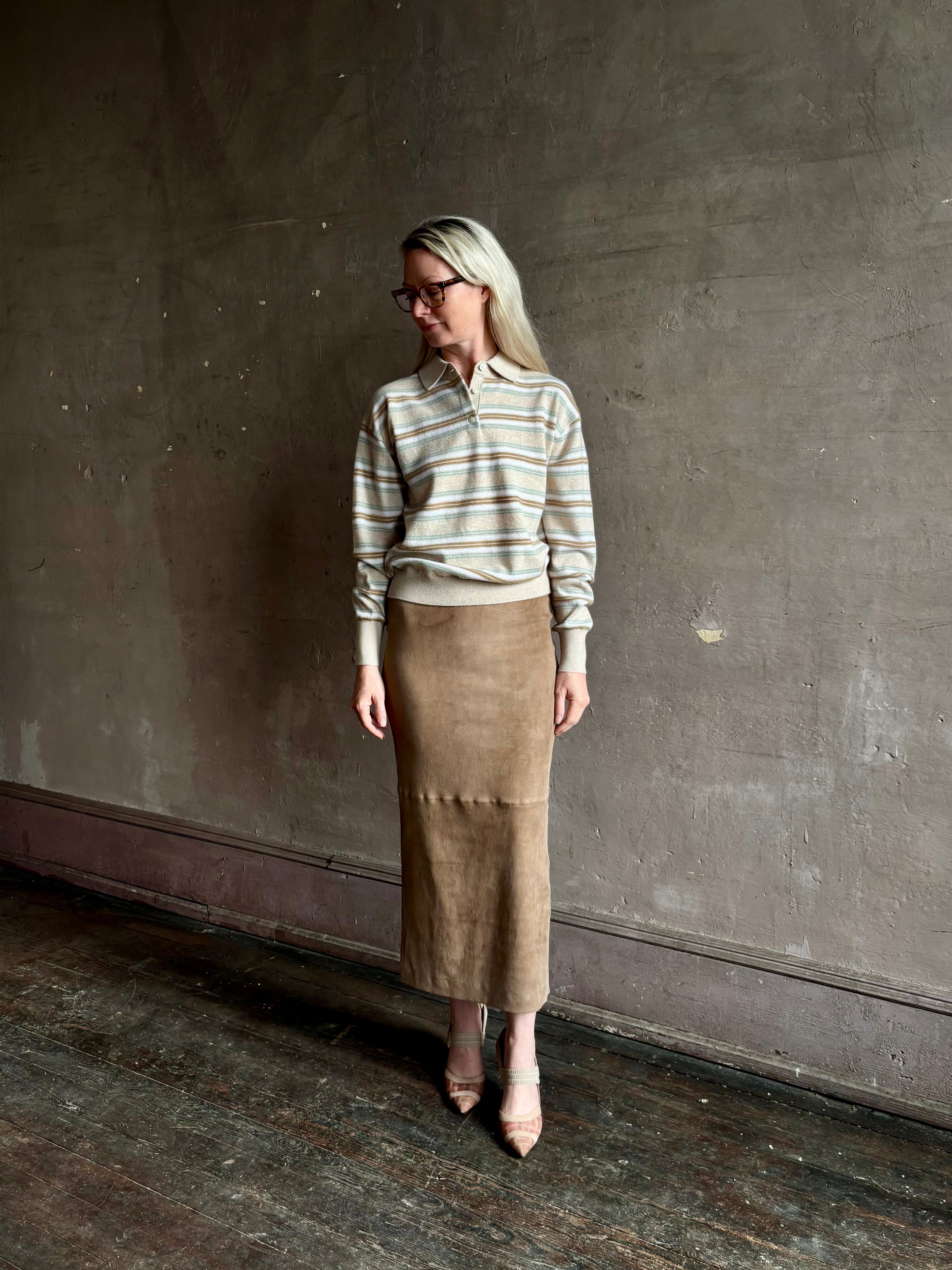 Guest in Residence Colliegate beige aqua and white striped cashmere polo sweater long sleeves collar v-neck