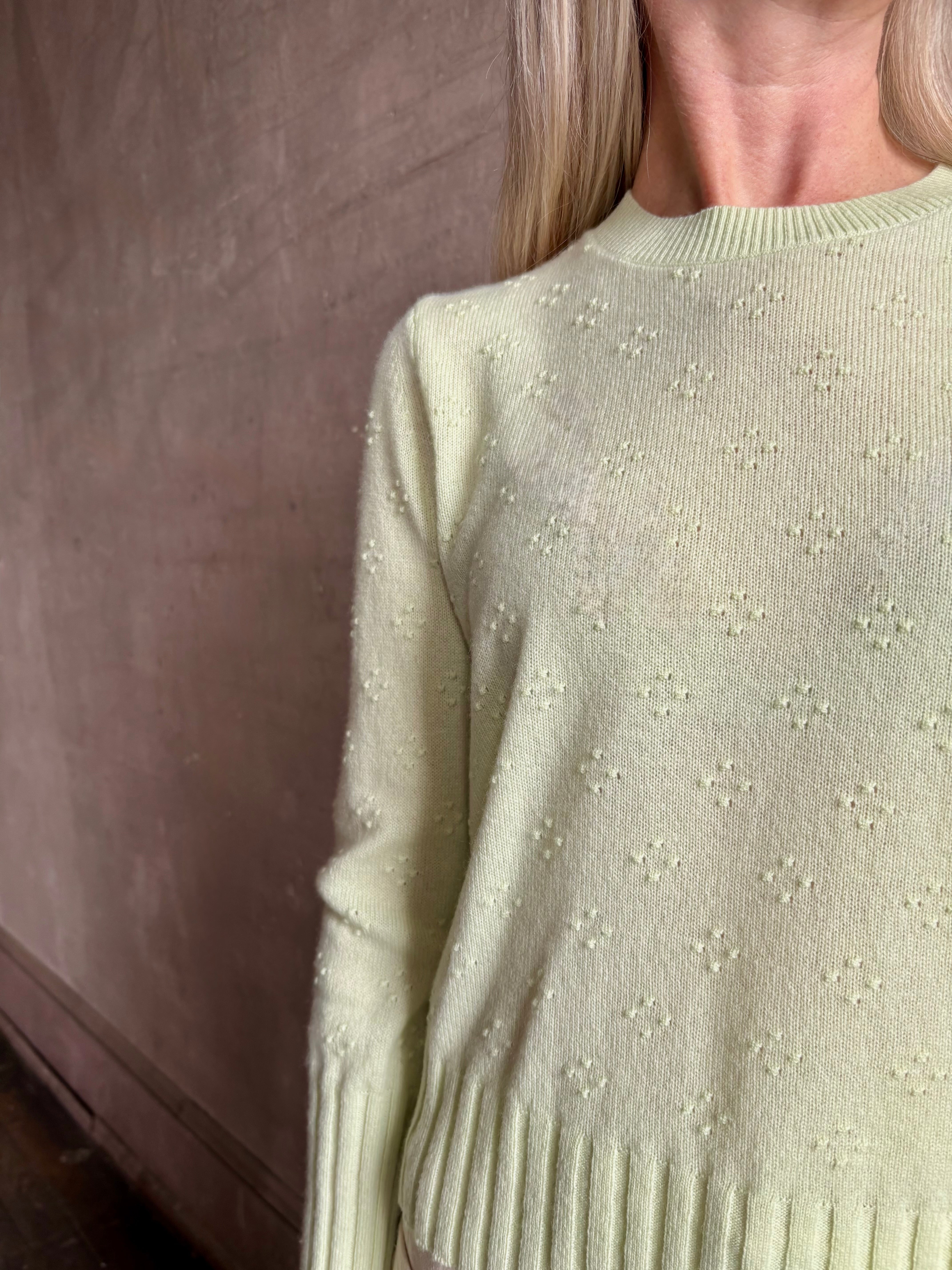 Image of woman wearing luxury cashmere crew neck sweater GUEST IN RESIDENCE Compass Shrunken Crew in Limewash Knitwear with long sleeves and dot detail throughout