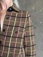 mature woman wearing luxury American clothing designer Guest in Residence plaid Button-Down Long Sleeve Collared Dylan cashmere shirt