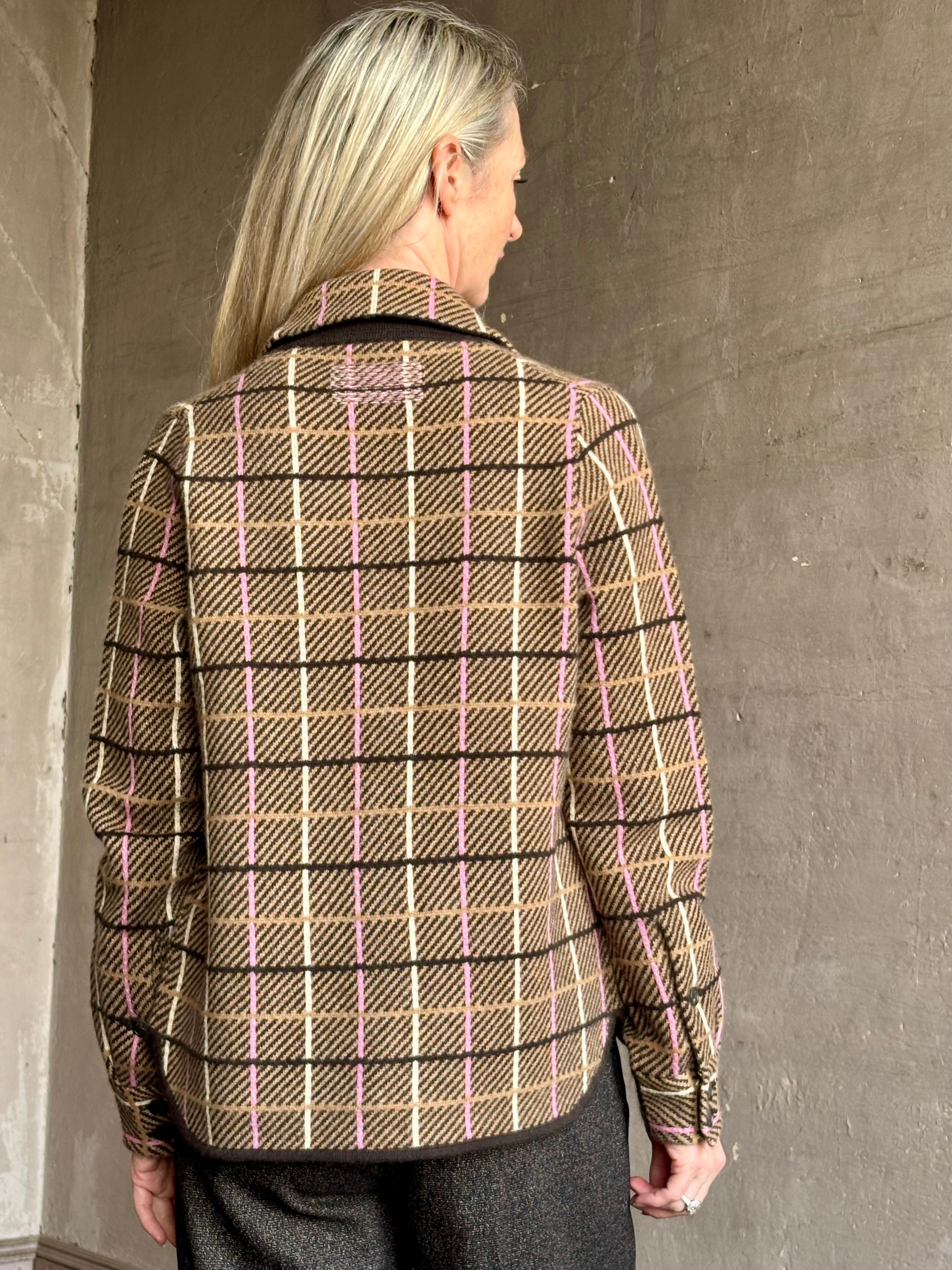 Image of mature woman wearing luxury American clothing designer Guest in Residence plaid Button-Down Long Sleeve Collared Shacket