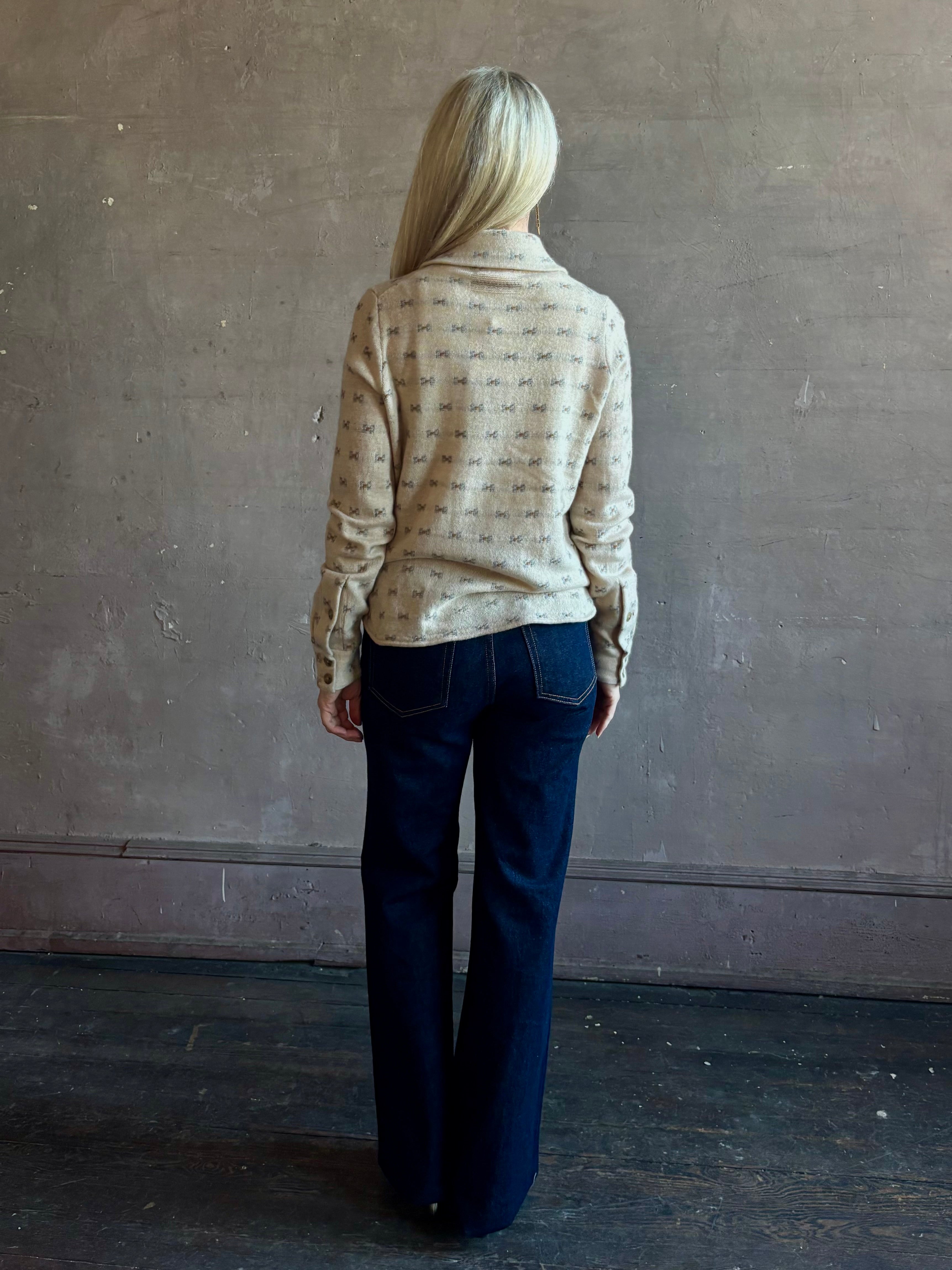 Mature woman wearing Guest in Residence Dylan Tweed Shirt in Sandstone Mongolian cashmere long sleeves with collar