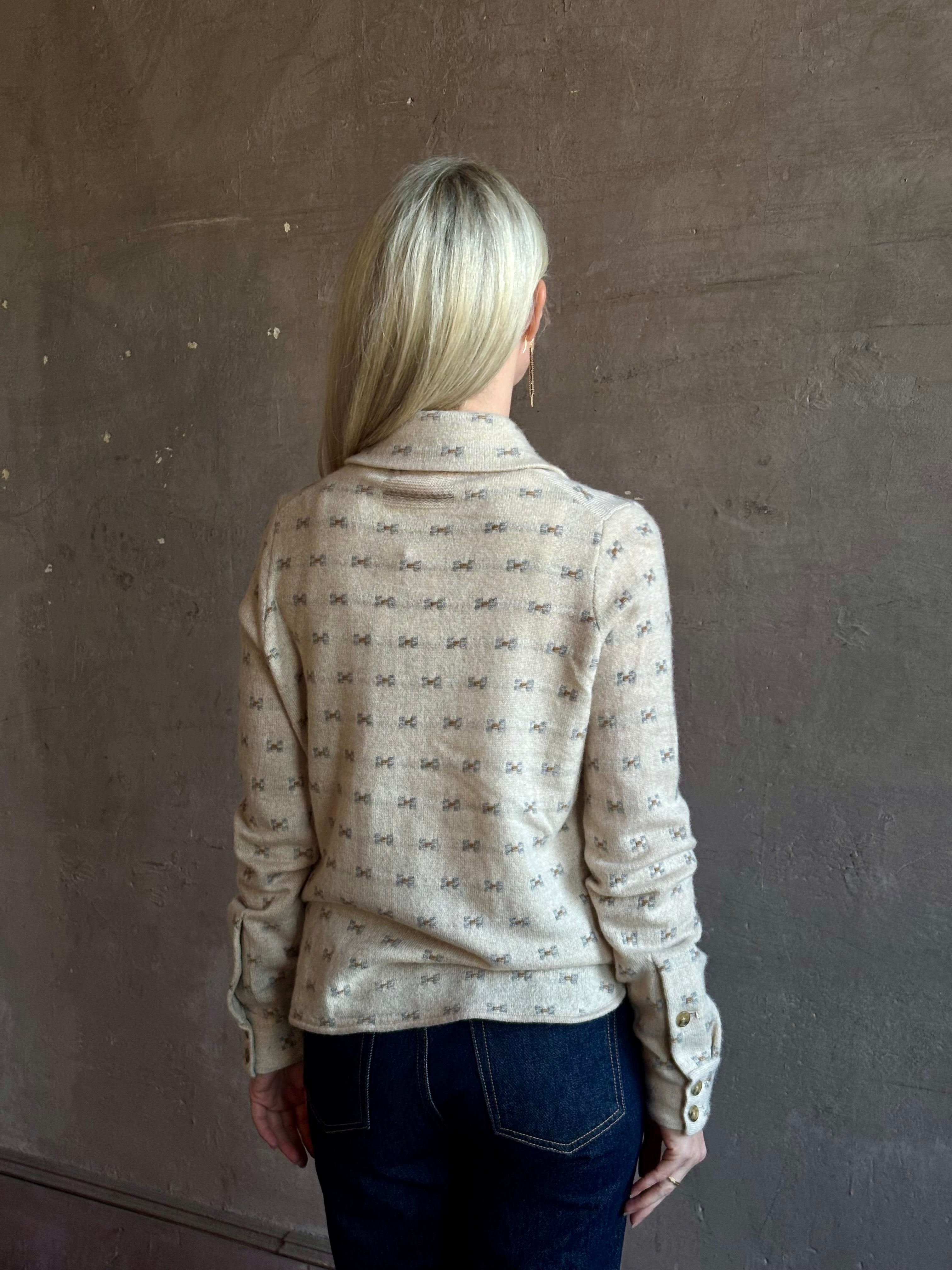 Mature woman wearing Guest in Residence Dylan Tweed Shirt in Sandstone Mongolian cashmere textural Heirloom-quality workwear-inspired overshirt