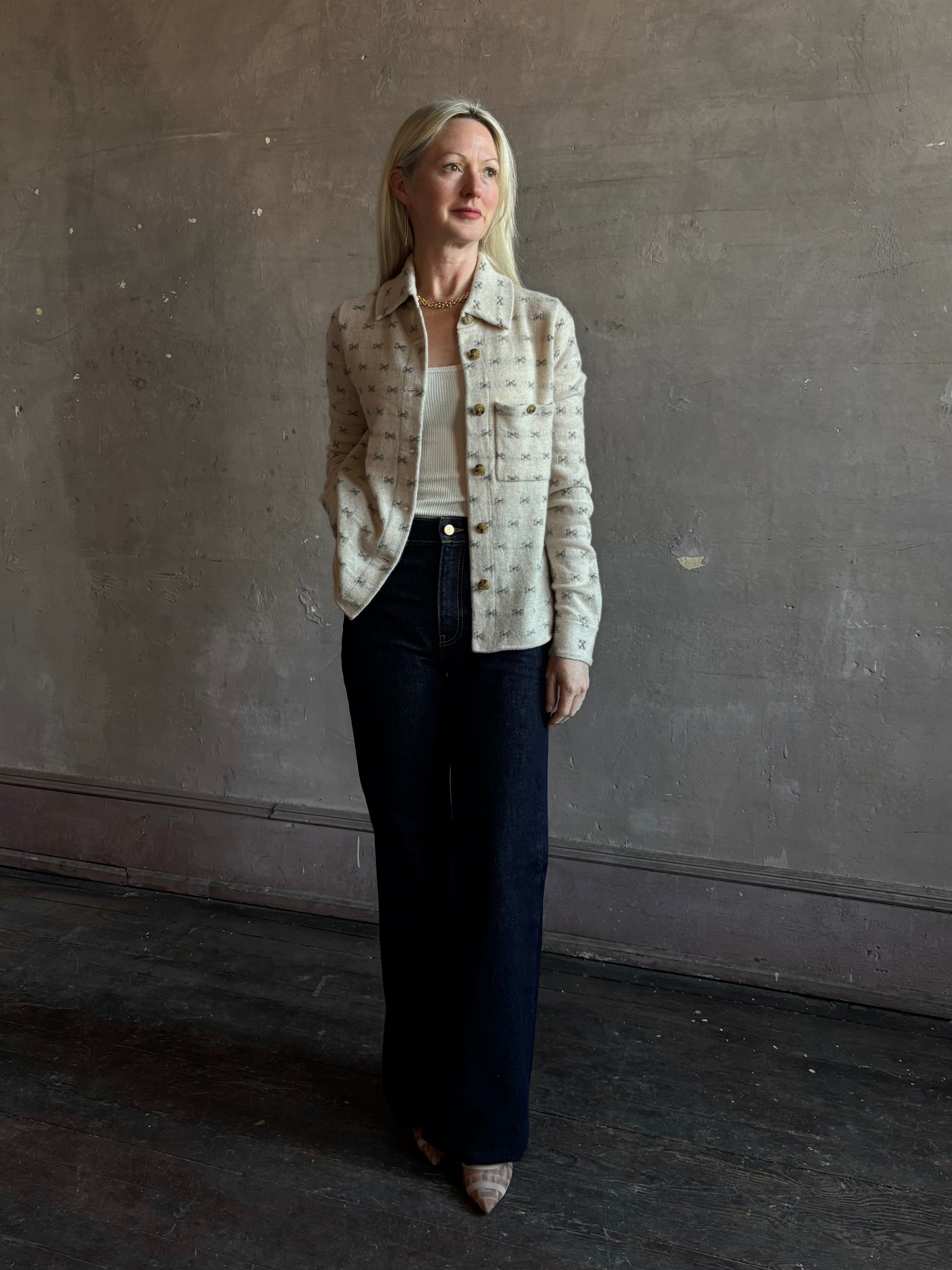 Mature woman wearing Guest in Residence Dylan Tweed Shirt in Sandstone Mongolian cashmere layering Heirloom-quality workwear-inspired overshirt