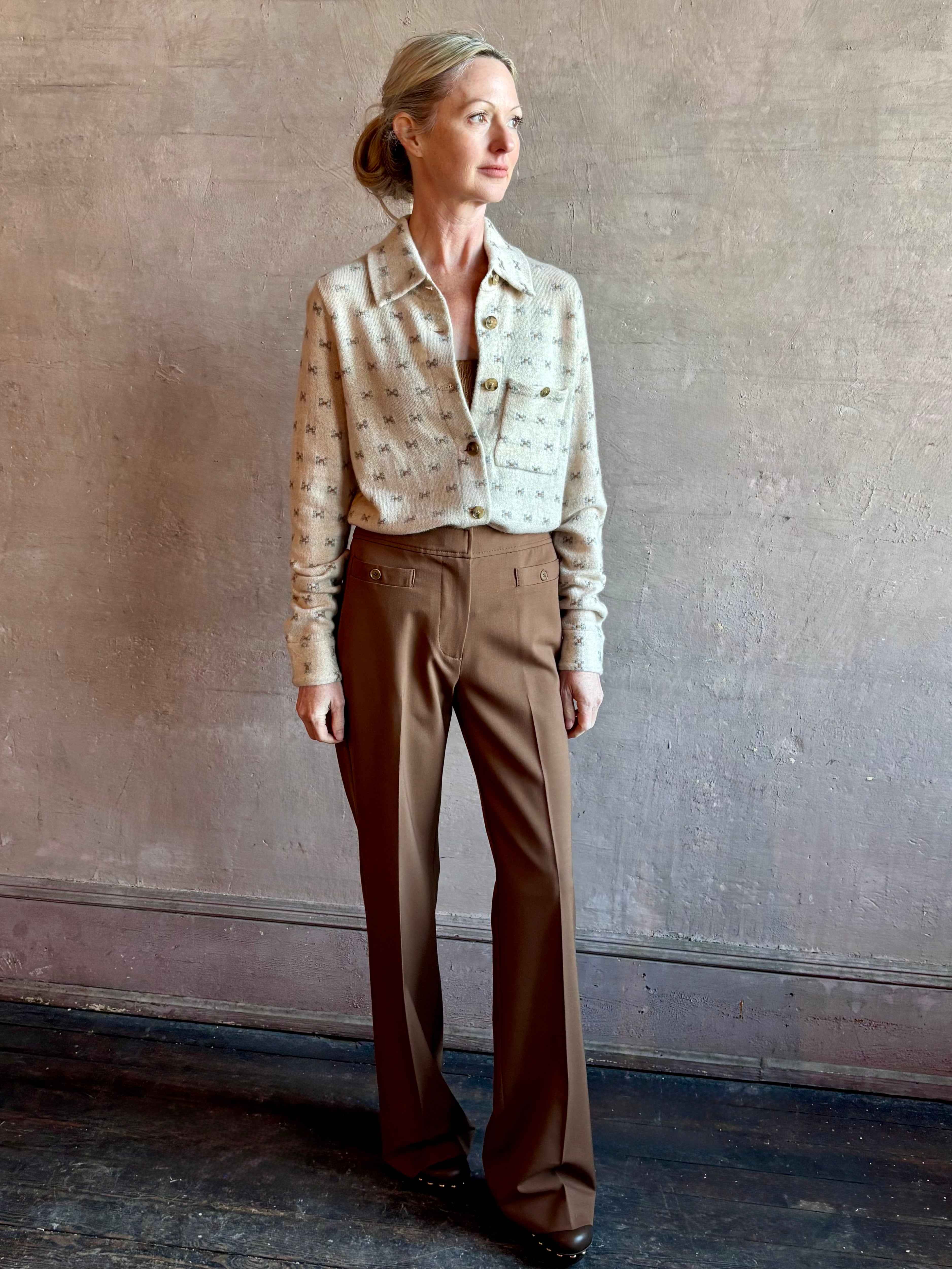 Image of woman wearing luxury designer GUEST IN RESIDENCE Dylan Tweed Shirt in Sandstone Combo in neutral tweed print