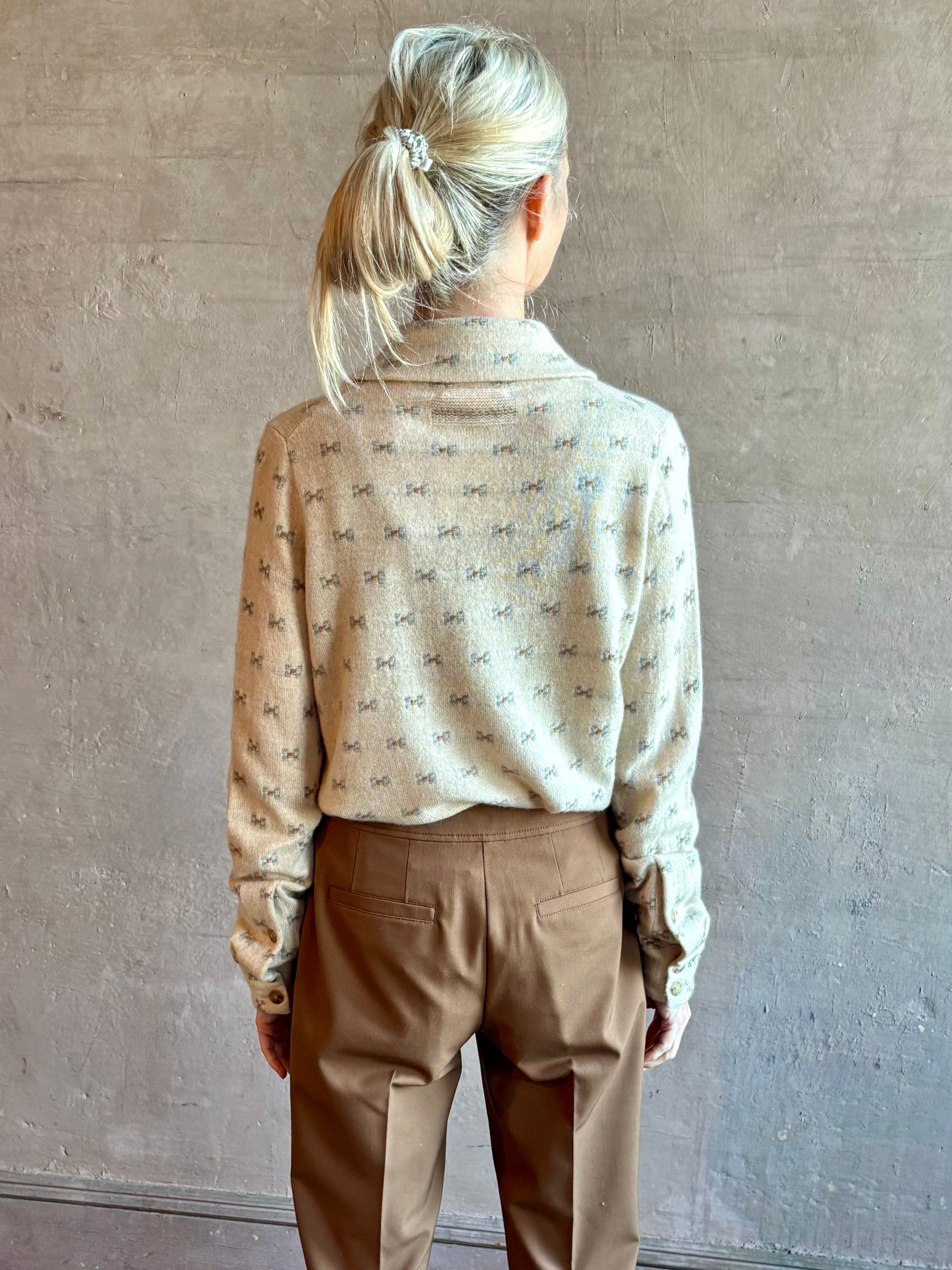 Image of woman wearing luxury designer GUEST IN RESIDENCE Dylan Tweed Shirt in Sandstone Combo in neutral tweed print