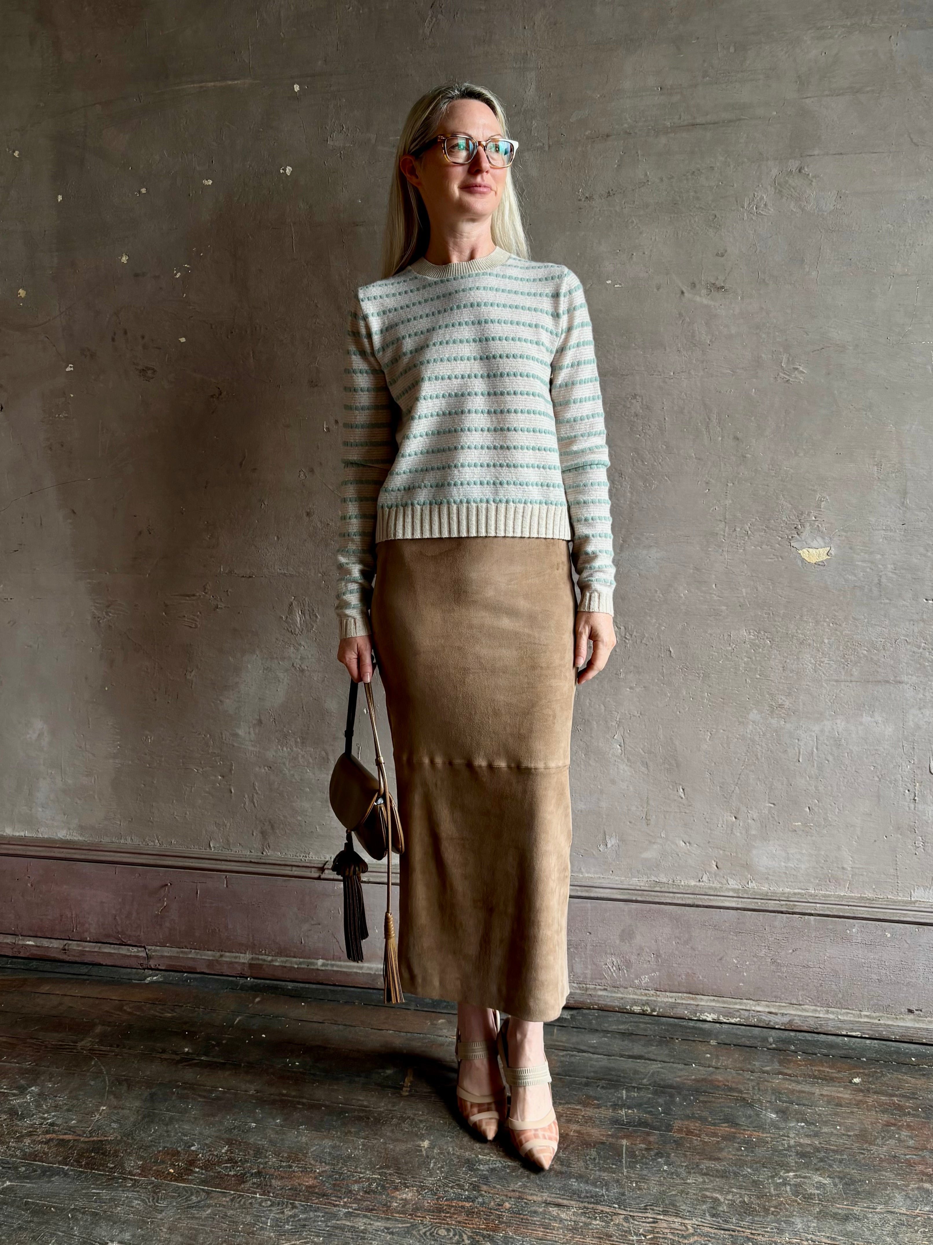 Guest in Residence Pebble cream and sage stripe shrunken crew long sleeve cashmere sweater sandstone combo