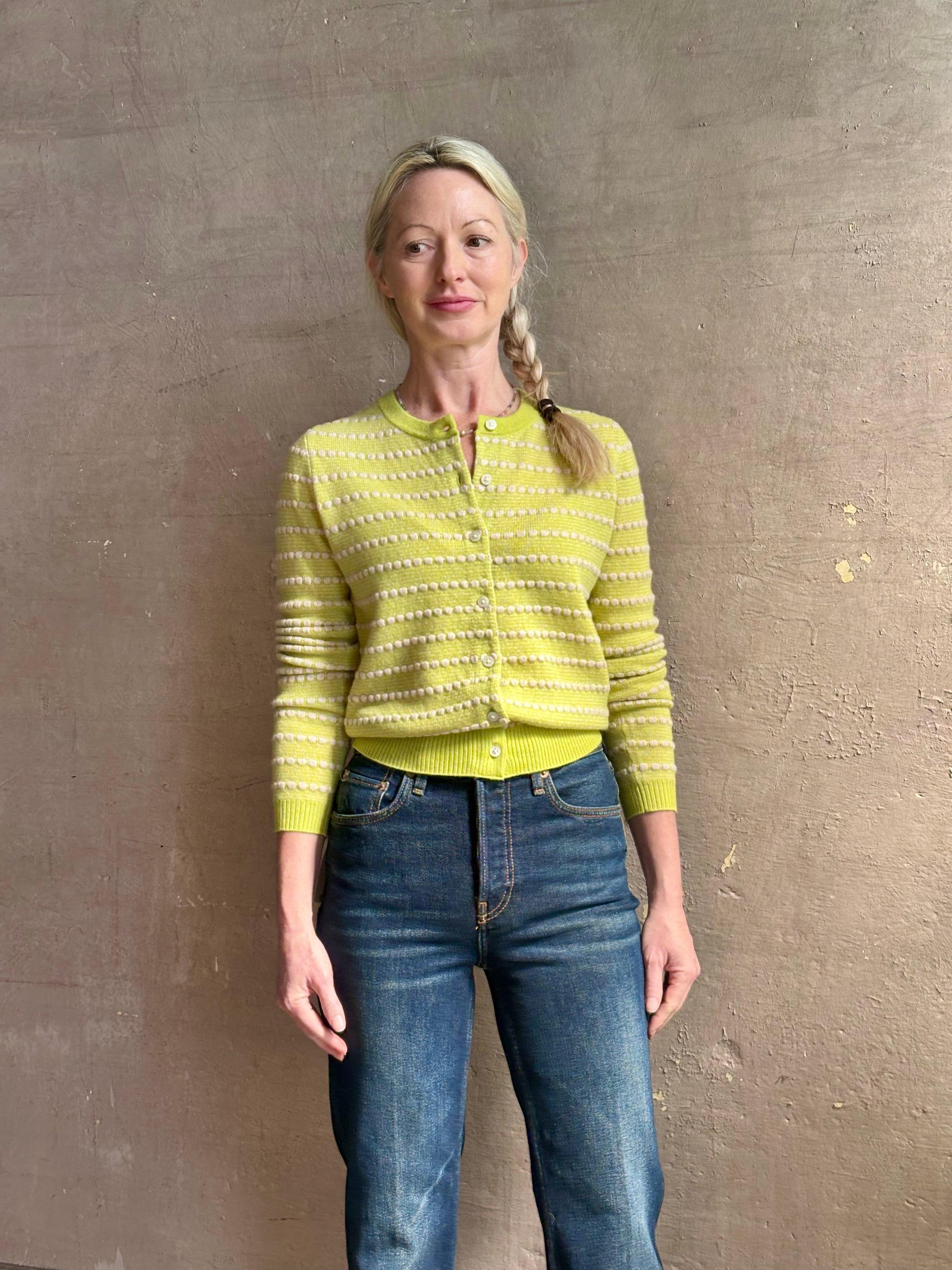 Guest in residence pebble stripe jane cashmere cardigan with long sleeves button front crew neck dot texture olive