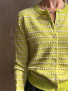 Guest in residence pebble stripe jane cashmere cardigan with long sleeves button front crew neck dot texture olive