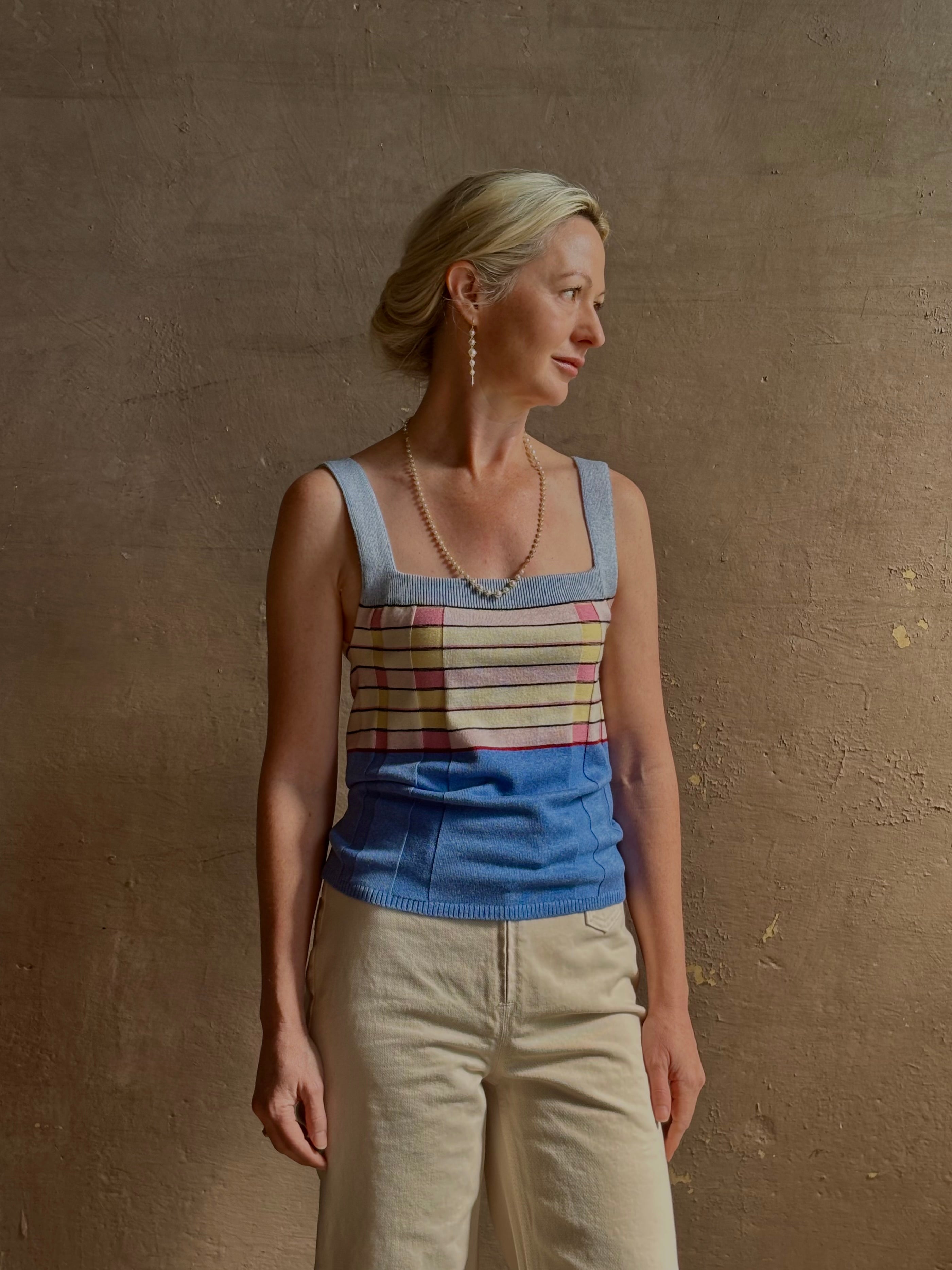 designer Guest in residence Plaited Rib Tank rendered in a delft blue and crafted from a luxurious silk and linen blend 