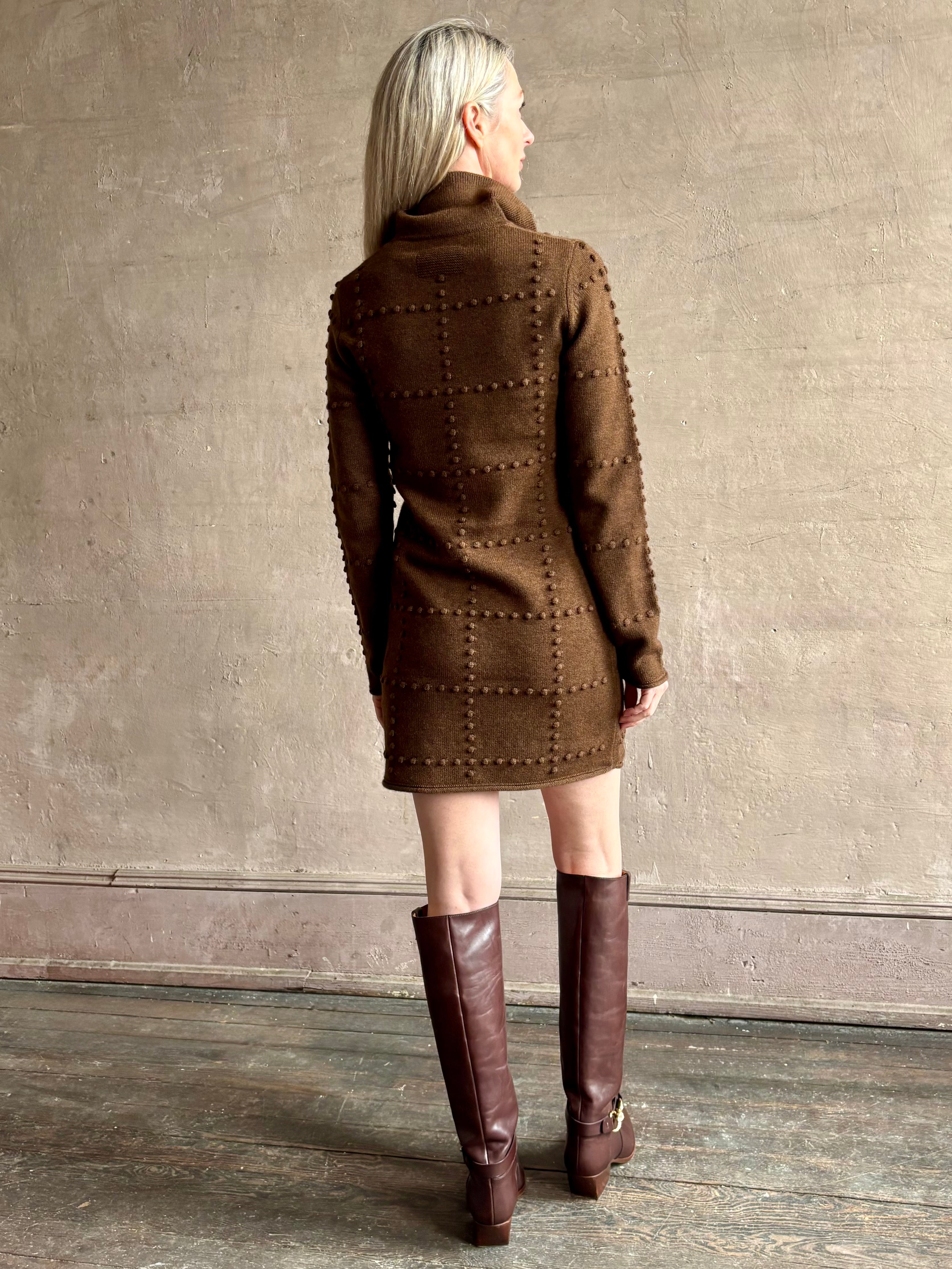 mature woman wearing Guest in Residence Popcorn Polo long sleeve brown mini dress patterned texture