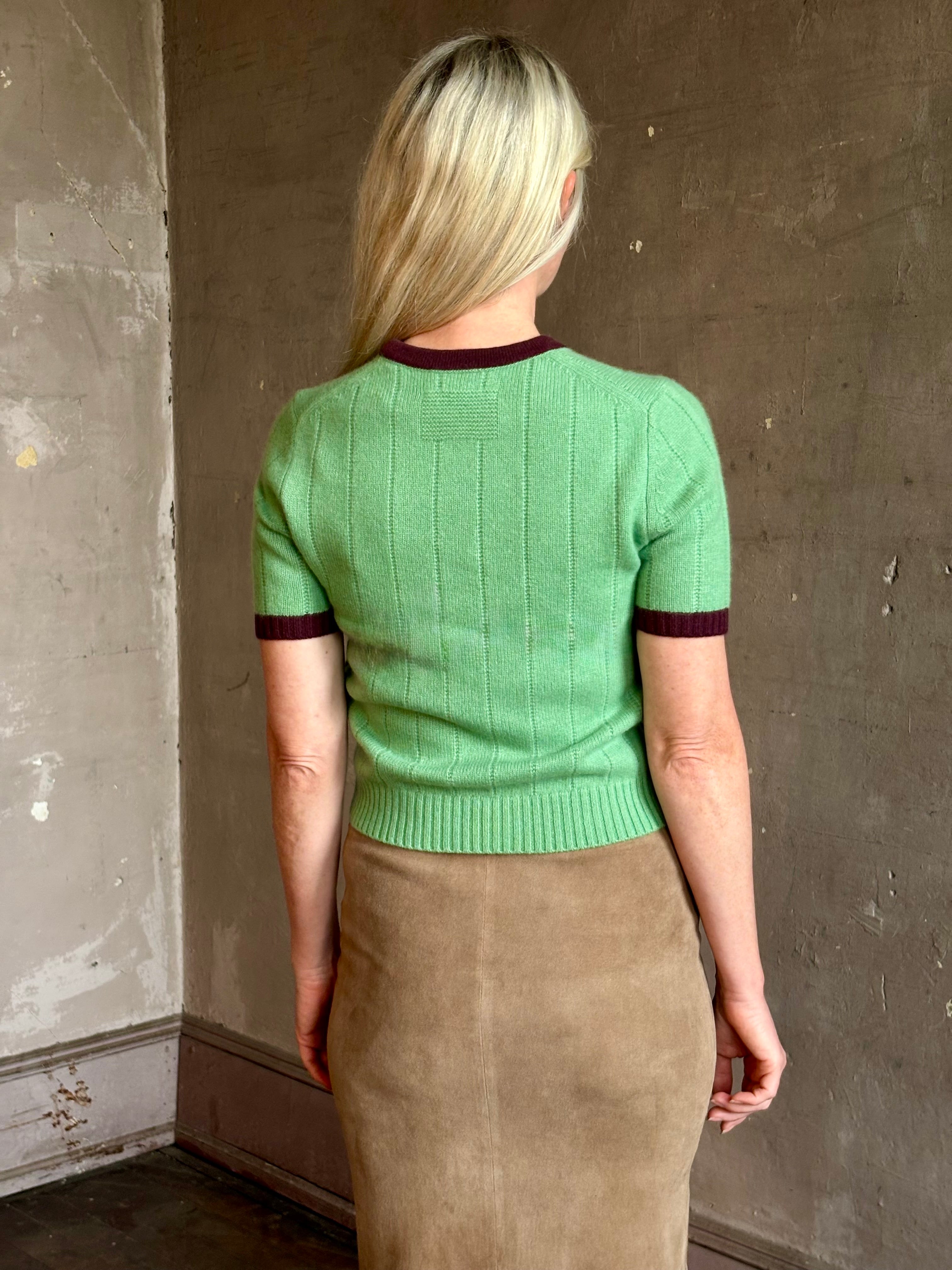 Mature woman wearing Guest in Residence Rib Ringer Tee Cashmere Sweater in Highland/Fig vintage-inspired 