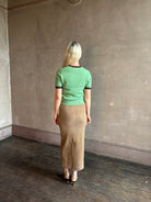 Mature woman wearing Guest in Residence Rib Ringer Tee Cashmere Sweater in Highland/Fig vintage-inspired 
