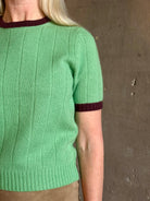 Mature woman wearing Guest in Residence Rib Ringer Tee Cashmere Sweater in Highland/Fig vintage-inspired 
