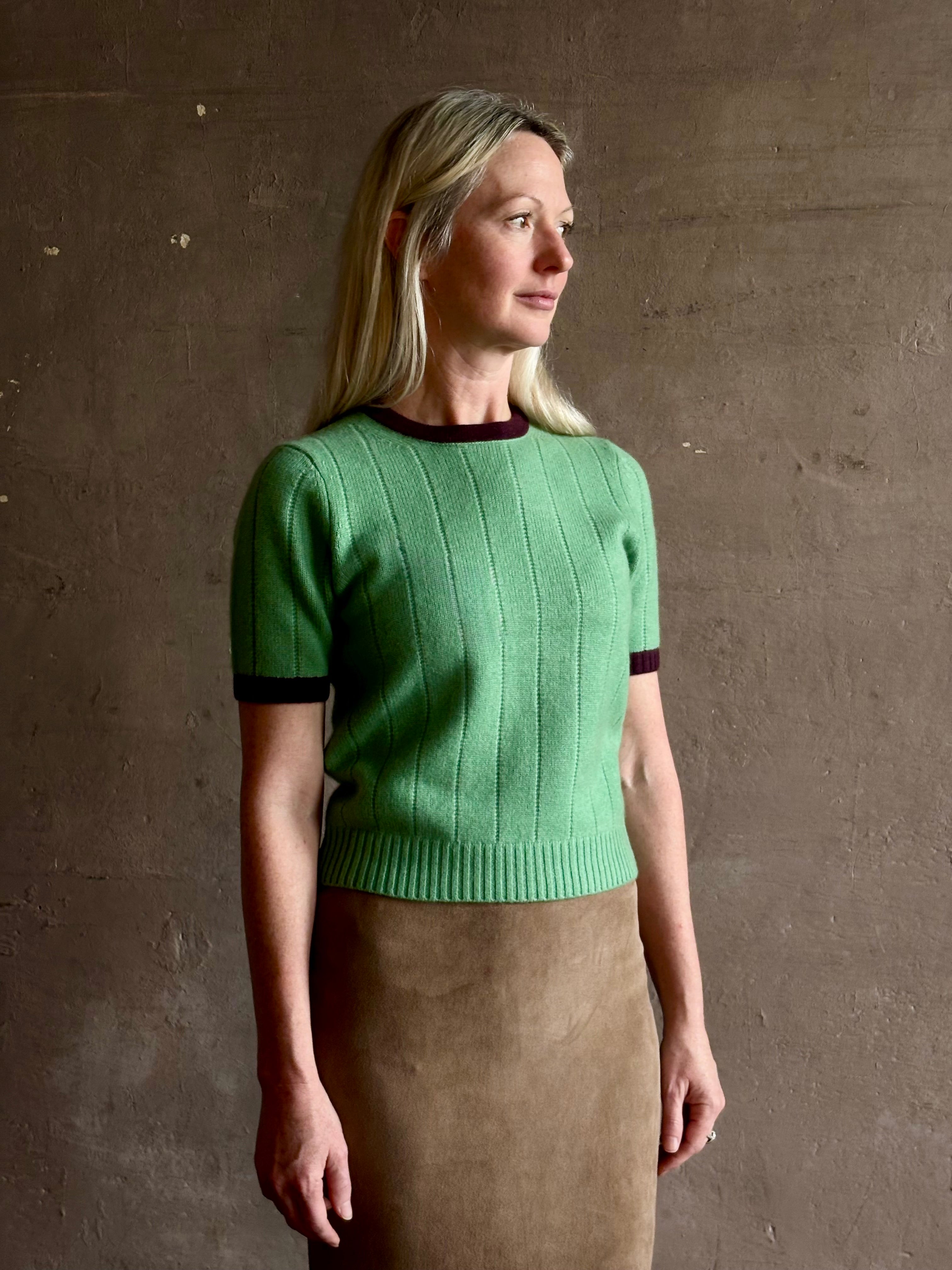 Mature woman wearing Guest in Residence Rib Ringer Tee Cashmere Sweater in Highland/Fig vintage-inspired 