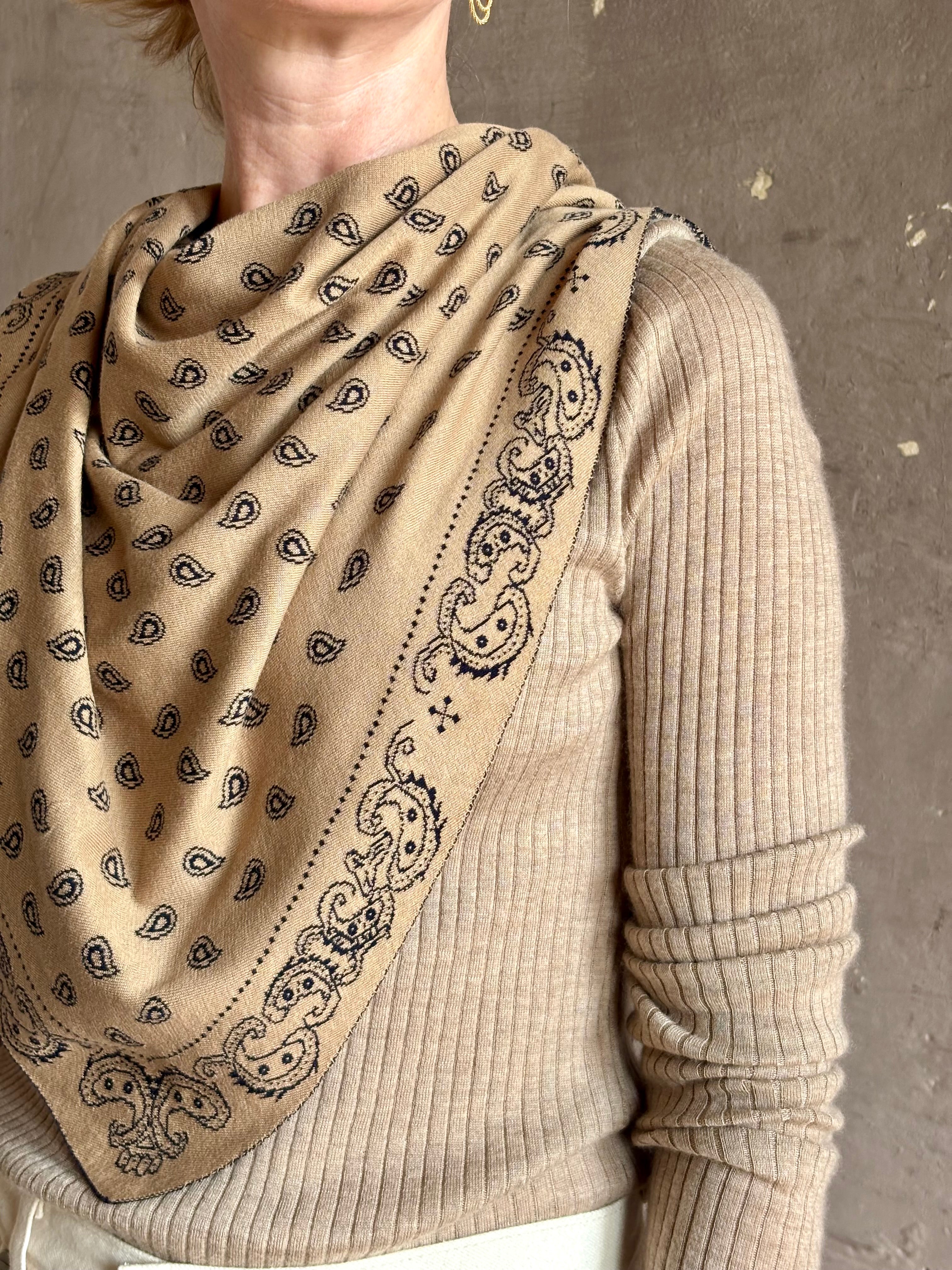Detail of cotton silk Guest in Residence The Wild Rag camel brown patterned bandana triangle reversible scarf