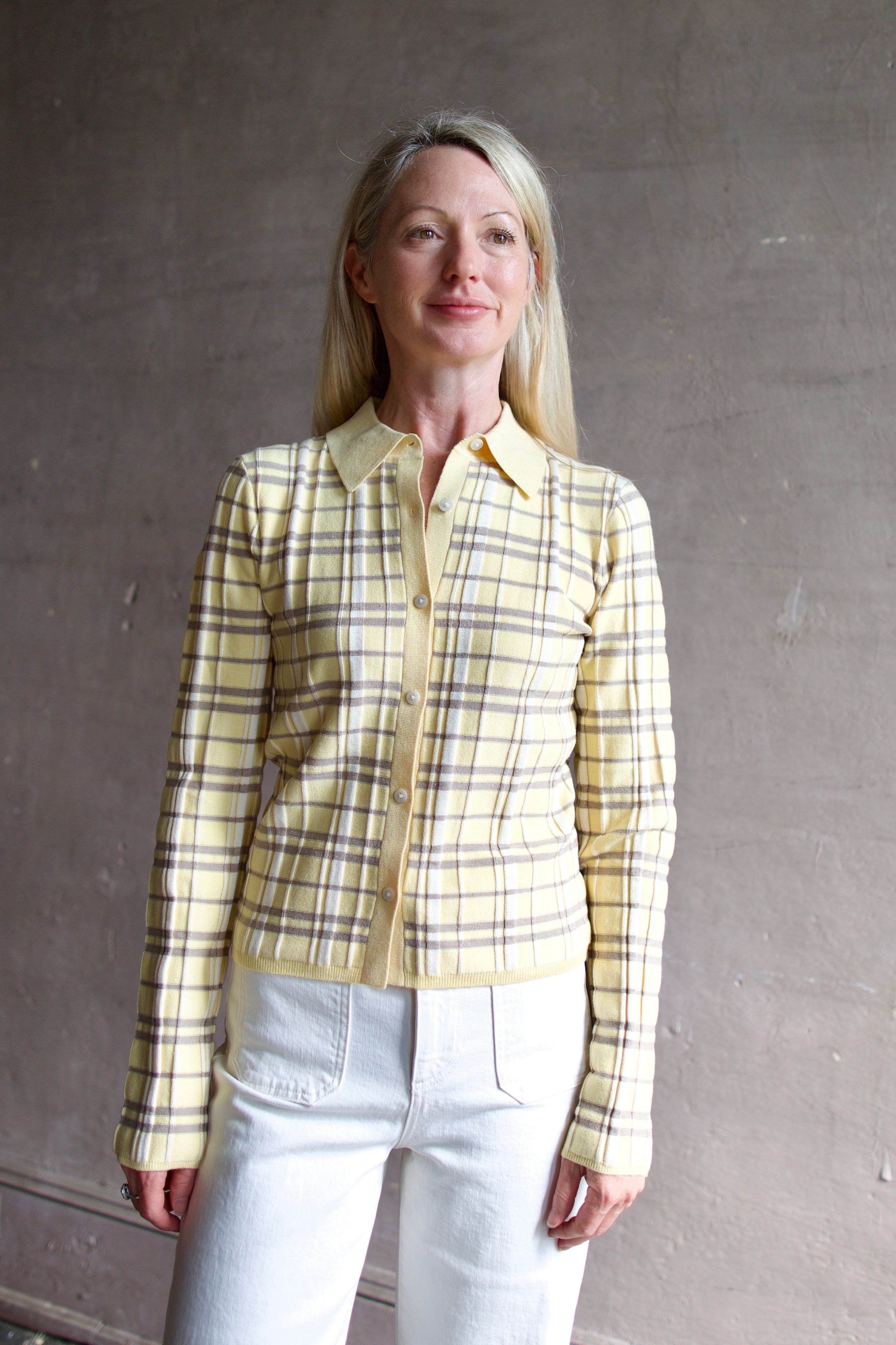 Model wearing premium designer Guest in Residence Plaid Elle Shirt in butter colorway, premium silk/linen fabric and versatile layering option