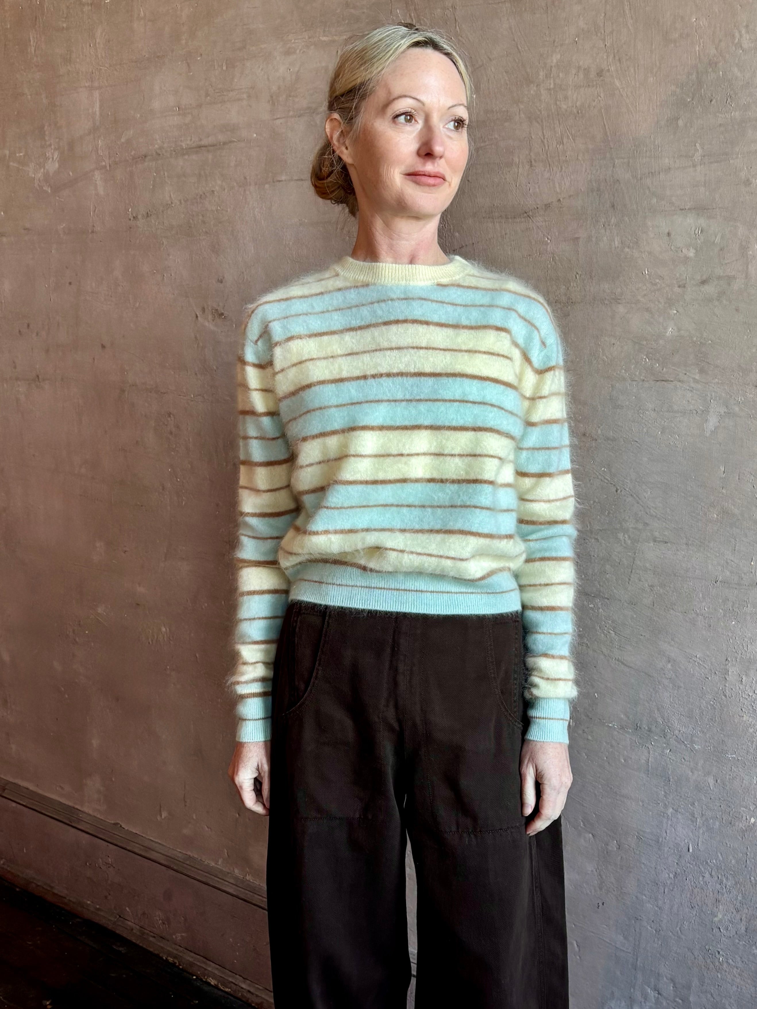 GUEST IN RESIDENCE Grizzly Stripe Crew Sweater in Seaglass Combo - Premium Brushed Cashmere Luxury Knitwear