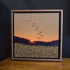 Image featuring original oil on canvas by North Carolina fine art  painter Janet Green Jacobson with the setting sun and mountain range