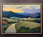 Original oil on canvas painting by North Carolina painter Janet Green Jacobson  rolling hills barn mountains country road