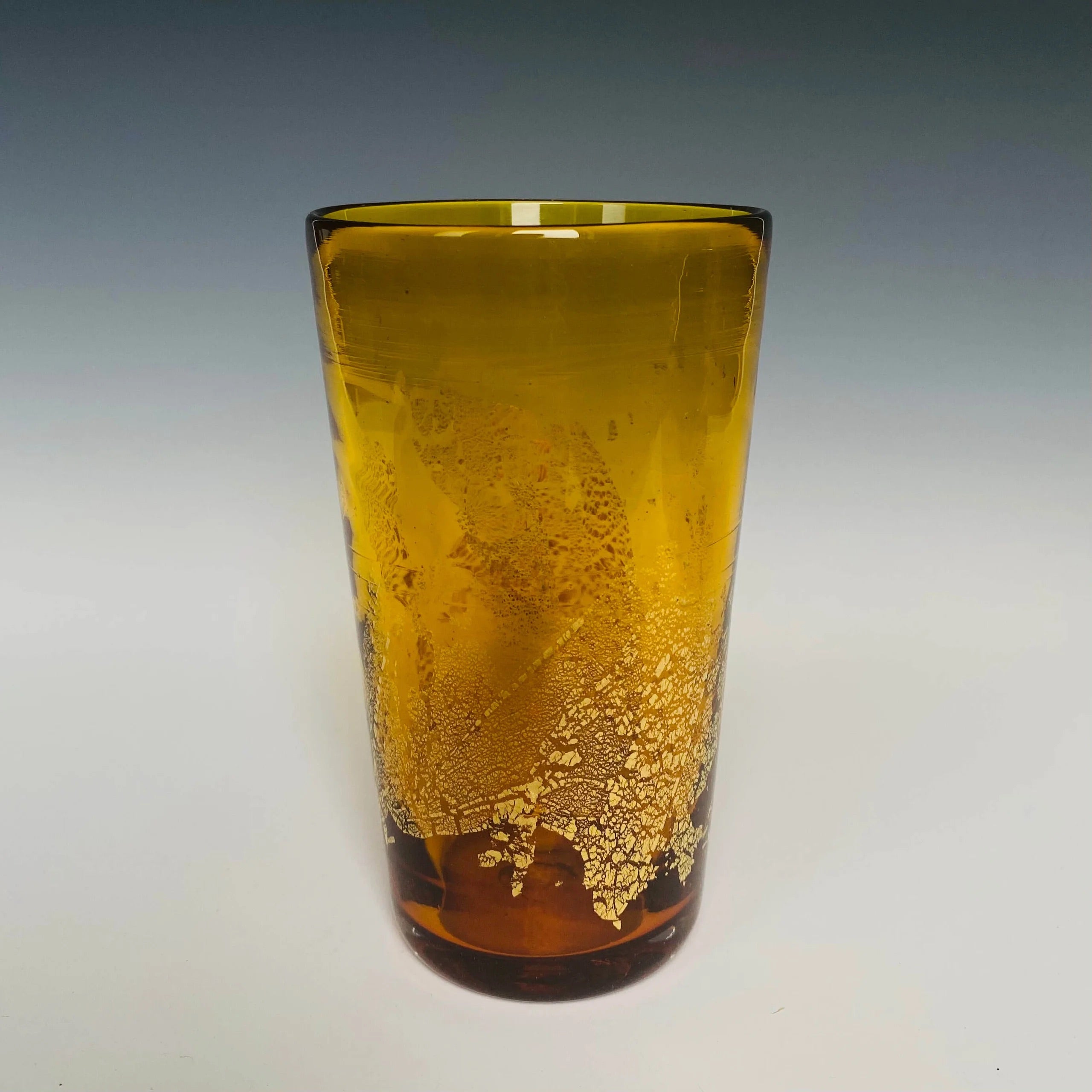 Handblown Yellow Glass Tumbler from North Carolina aritist John Shoemaker with gold leaf and made in USA